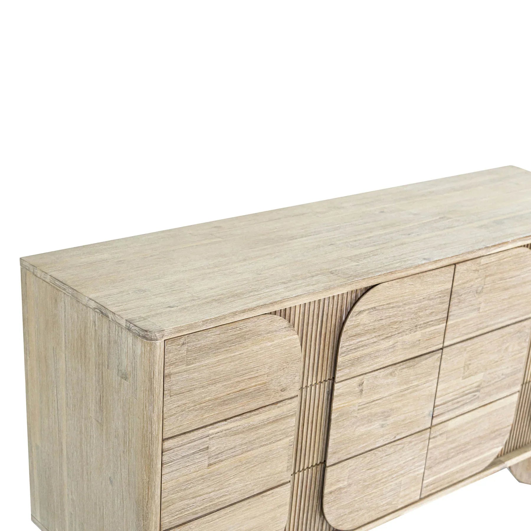 Front view of the Haru double dresser featuring a light white oak finish and a unique fluted facade with soft rounded paneling