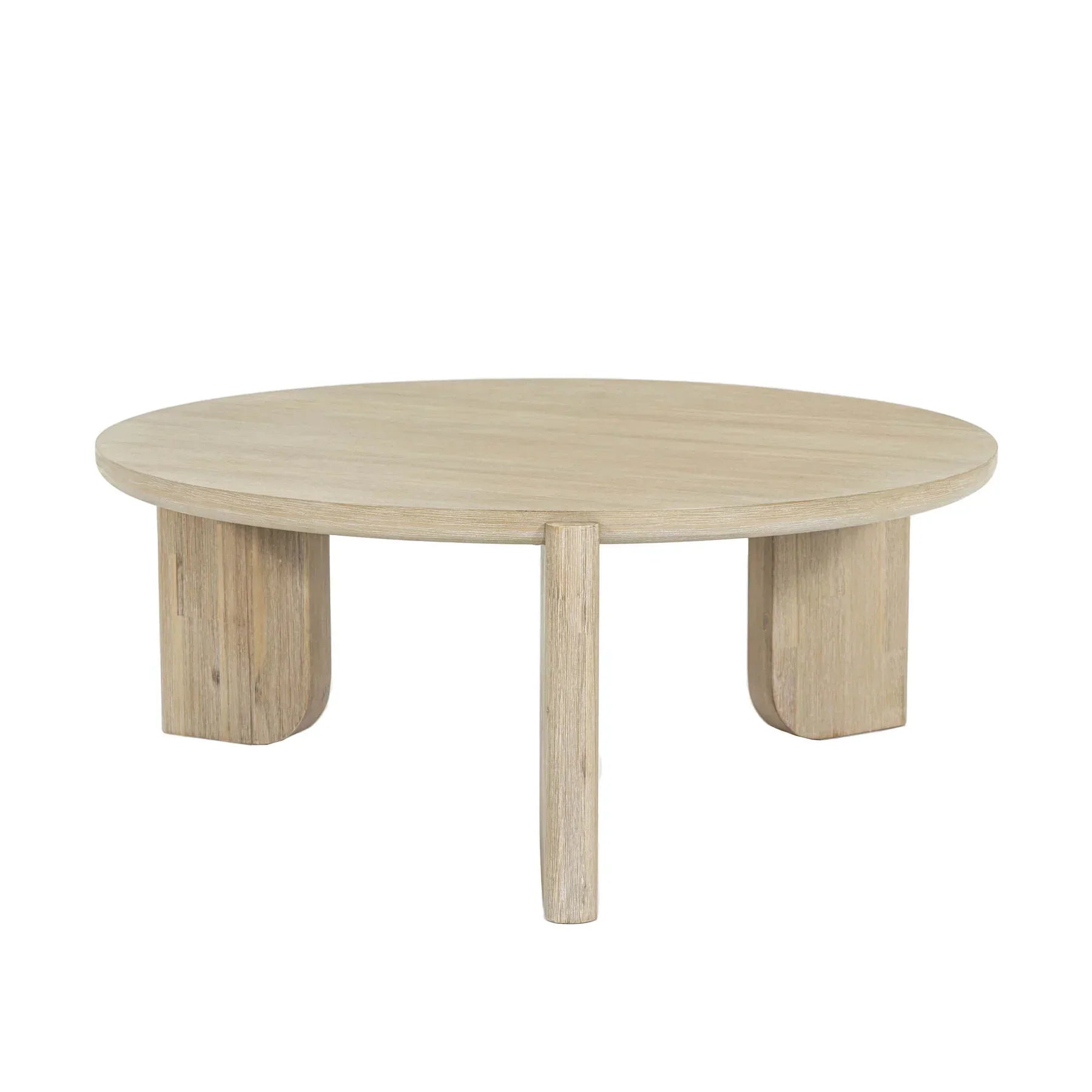 Front view of the Haru coffee table featuring a circular top and a unique architectural three-leg base in a light natural wood finish