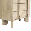 Three-quarter close-up focusing on the transition between the fluted front panels and the smooth oak frame