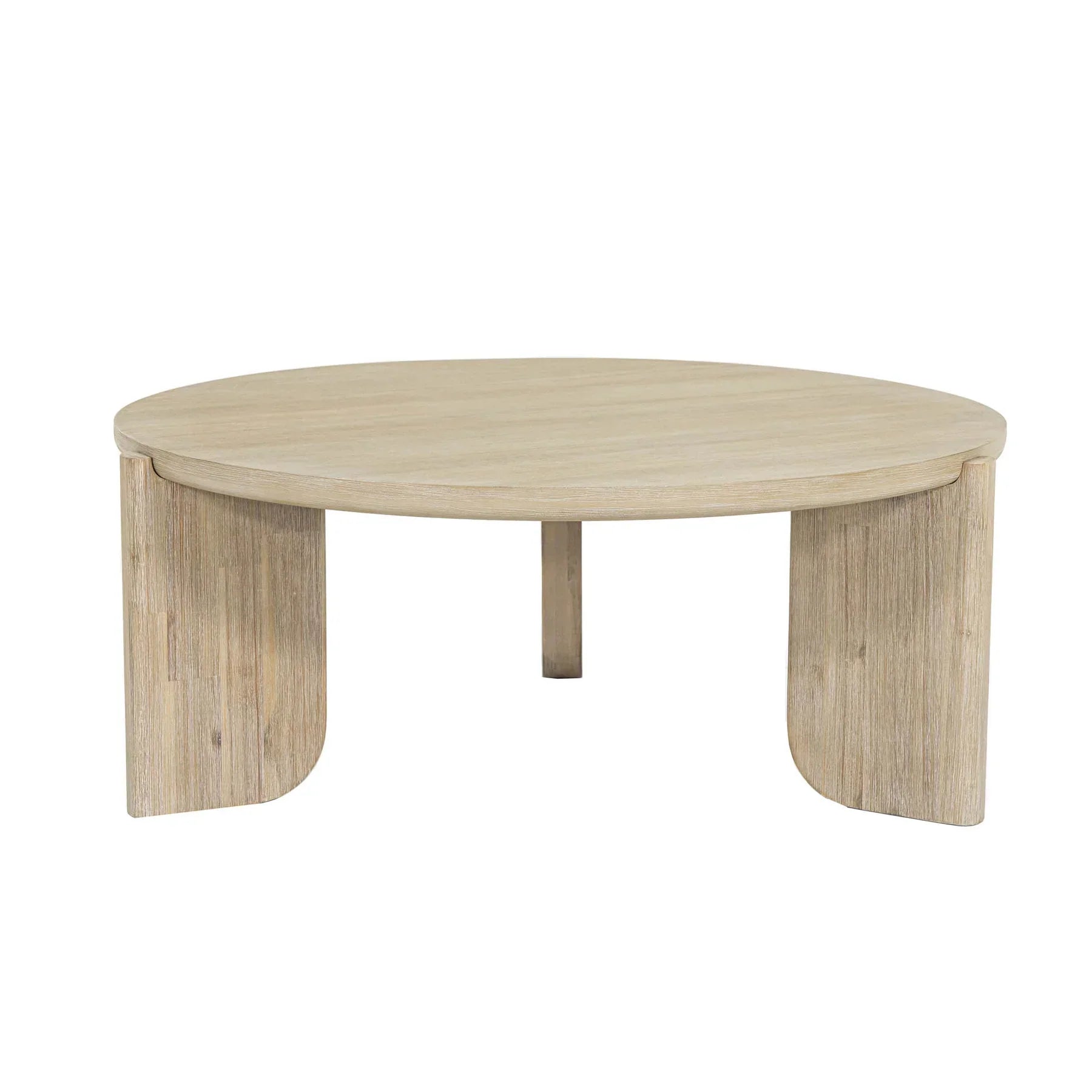 Front view of the Haru coffee table featuring a circular top and a unique architectural three-leg base in a light natural wood finish