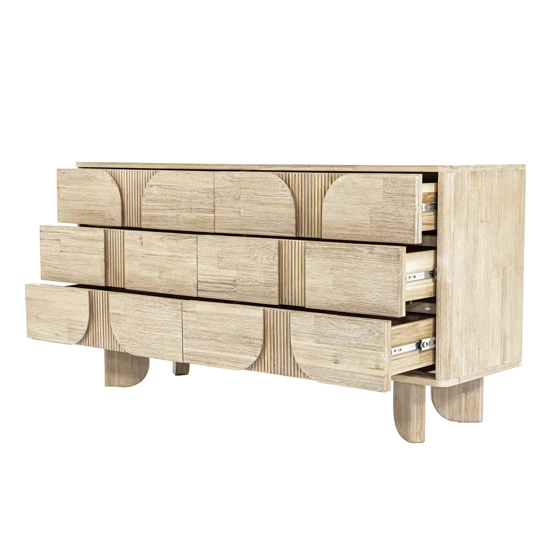 Front view of the Haru double dresser featuring a light white oak finish and a unique fluted facade with soft rounded paneling