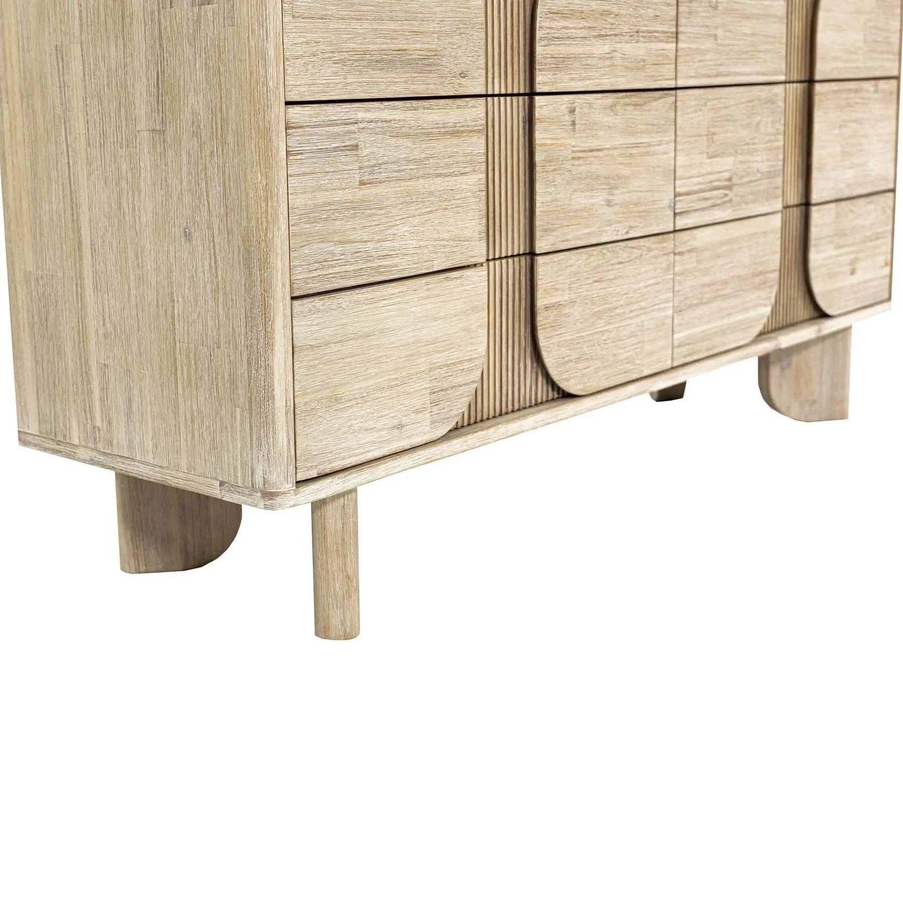 Front view of the Haru double dresser featuring a light white oak finish and a unique fluted facade with soft rounded paneling