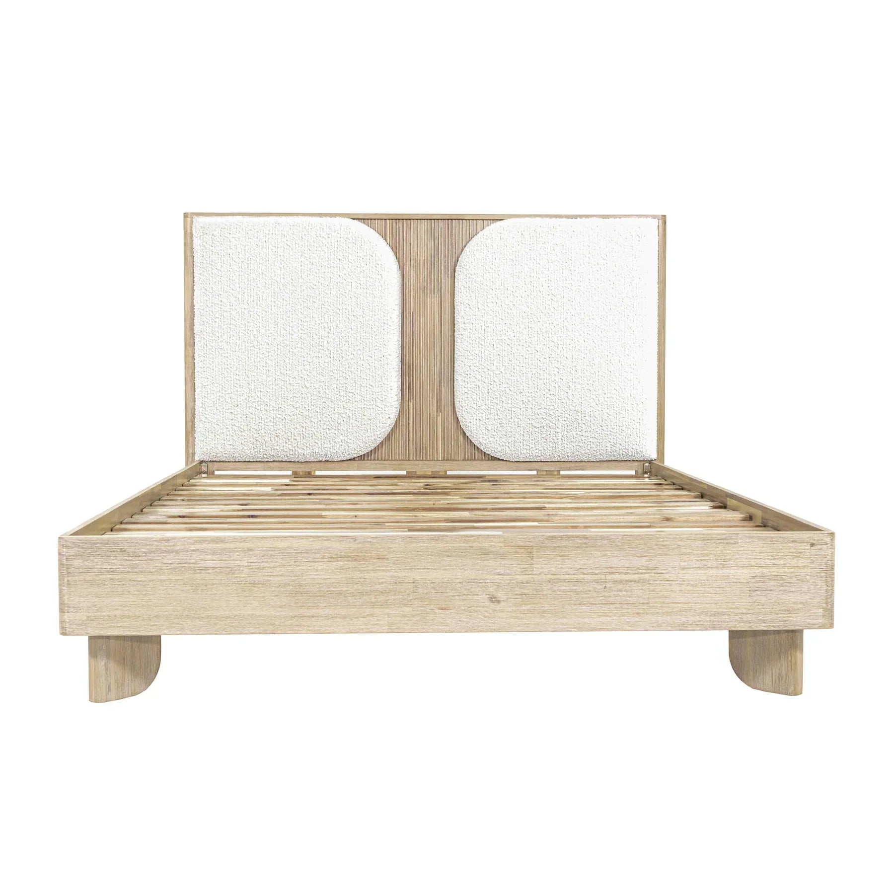 Front view of the Haru platform bed featuring a light driftwood frame and twin white bouclé upholstered headboard inserts