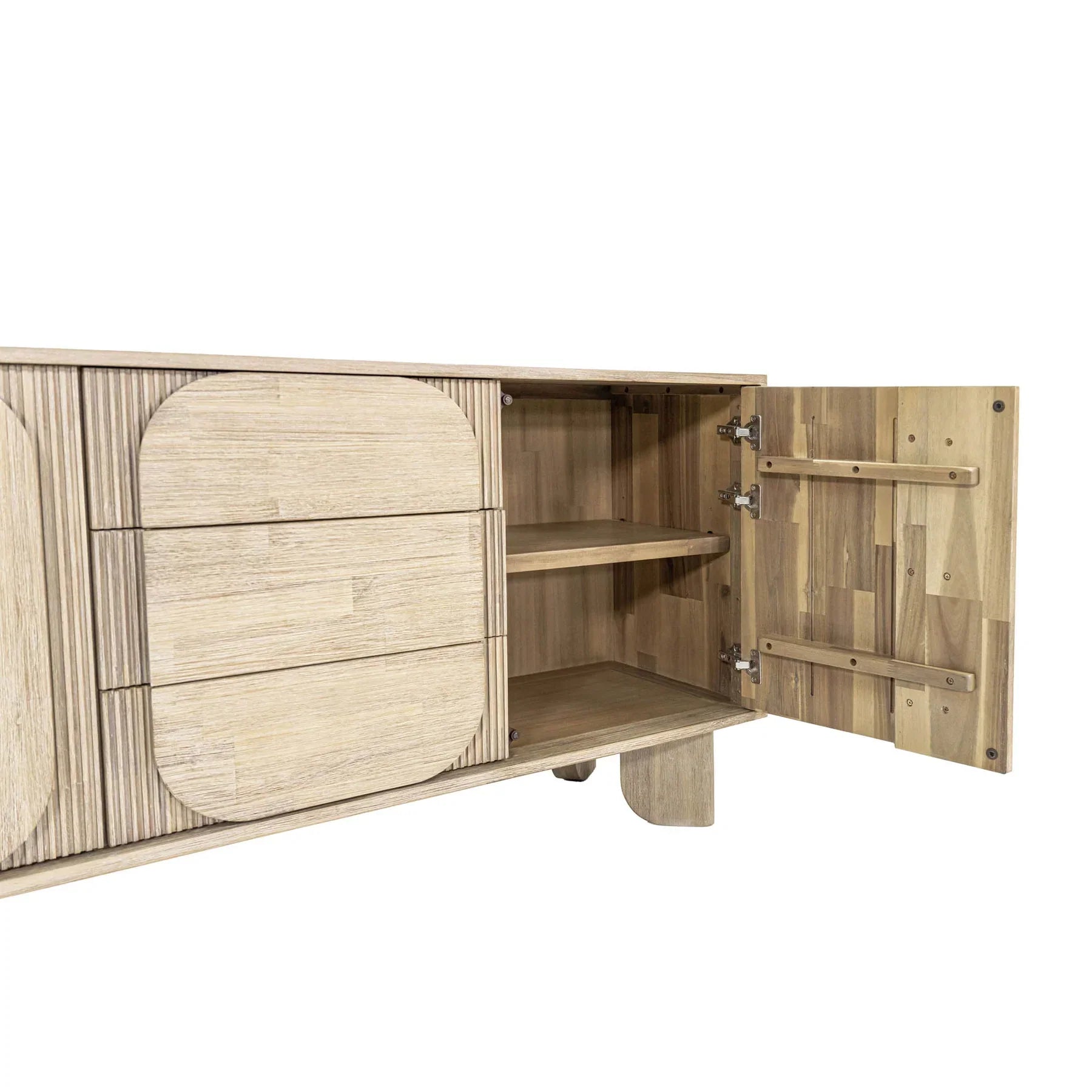 Front perspective view of the Haru sideboard in a light oak finish featuring unique rounded door and drawer panels with a minimalist plinth base