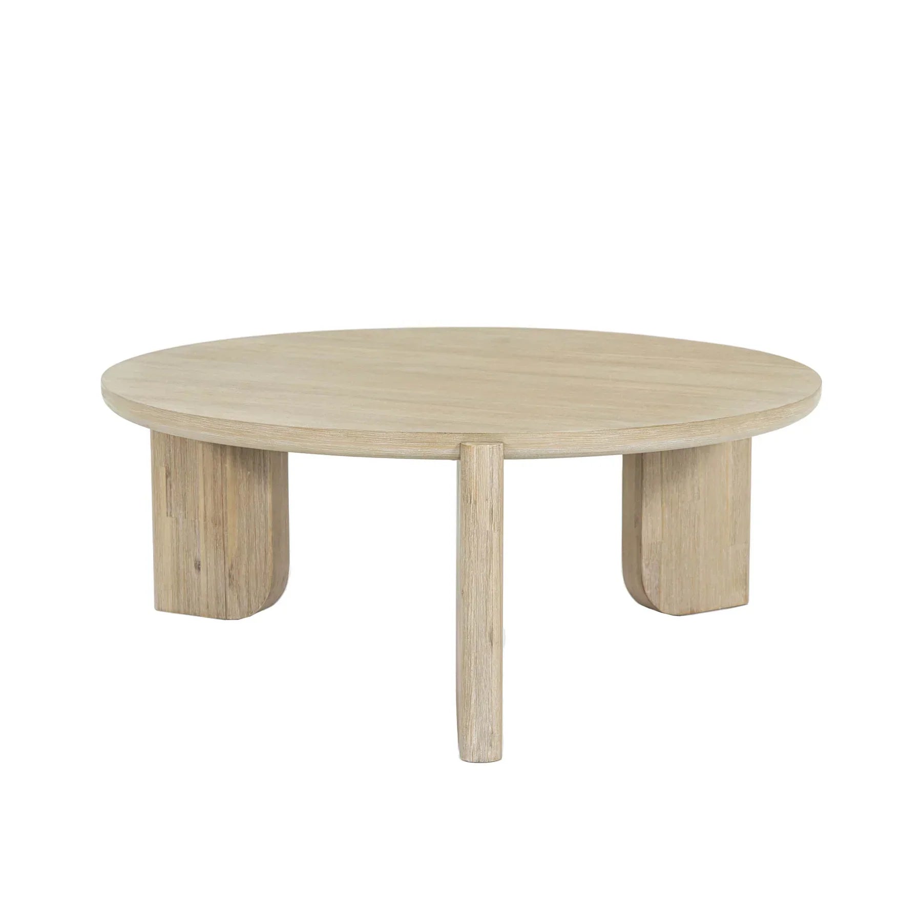 Front view of the Haru coffee table featuring a circular top and a unique architectural three-leg base in a light natural wood finish