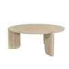 Front view of the Haru coffee table featuring a circular top and a unique architectural three-leg base in a light natural wood finish