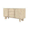 Front perspective view of the Haru sideboard in a light oak finish featuring unique rounded door and drawer panels with a minimalist plinth base