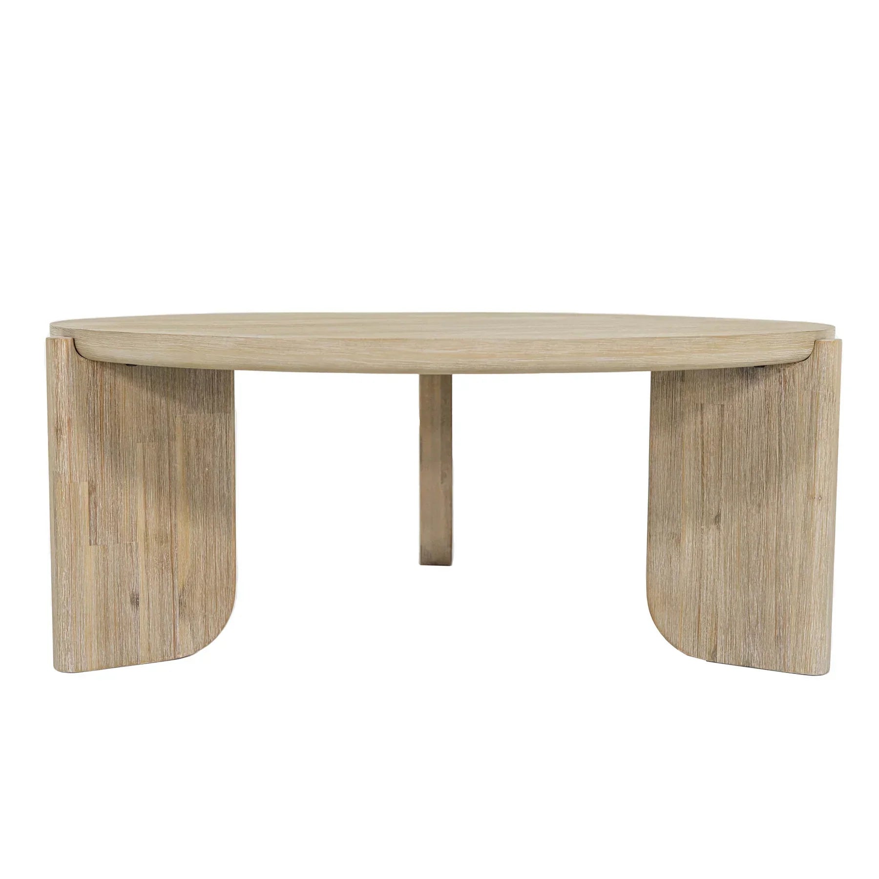 Front view of the Haru coffee table featuring a circular top and a unique architectural three-leg base in a light natural wood finish