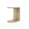 Three-quarter view of a C-shaped side table in light natural oak featuring a cantilevered top and weighted base