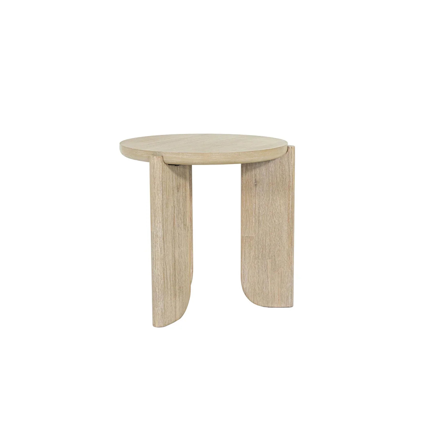 Three-quarter perspective view of the Haru side table featuring a circular top and three unique wide arched legs in a light natural oak finish