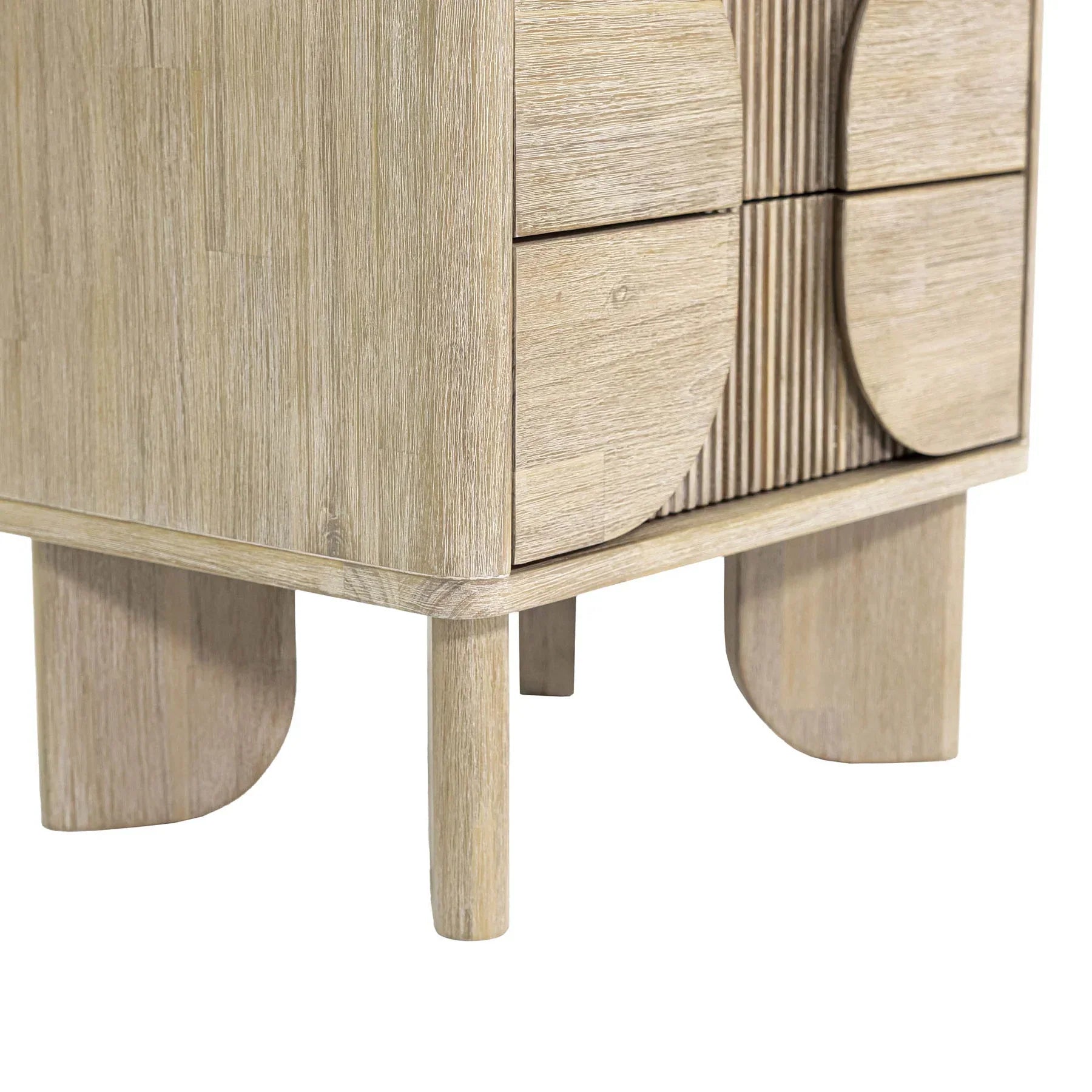 Front view of the Haru 2-drawer nightstand featuring a light driftwood finish and unique architectural slatted wood detailing