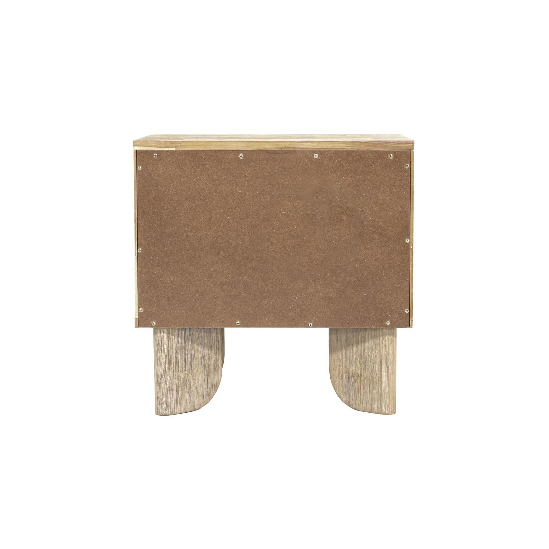 Front view of the Haru 2-drawer nightstand featuring a light driftwood finish and unique architectural slatted wood detailing