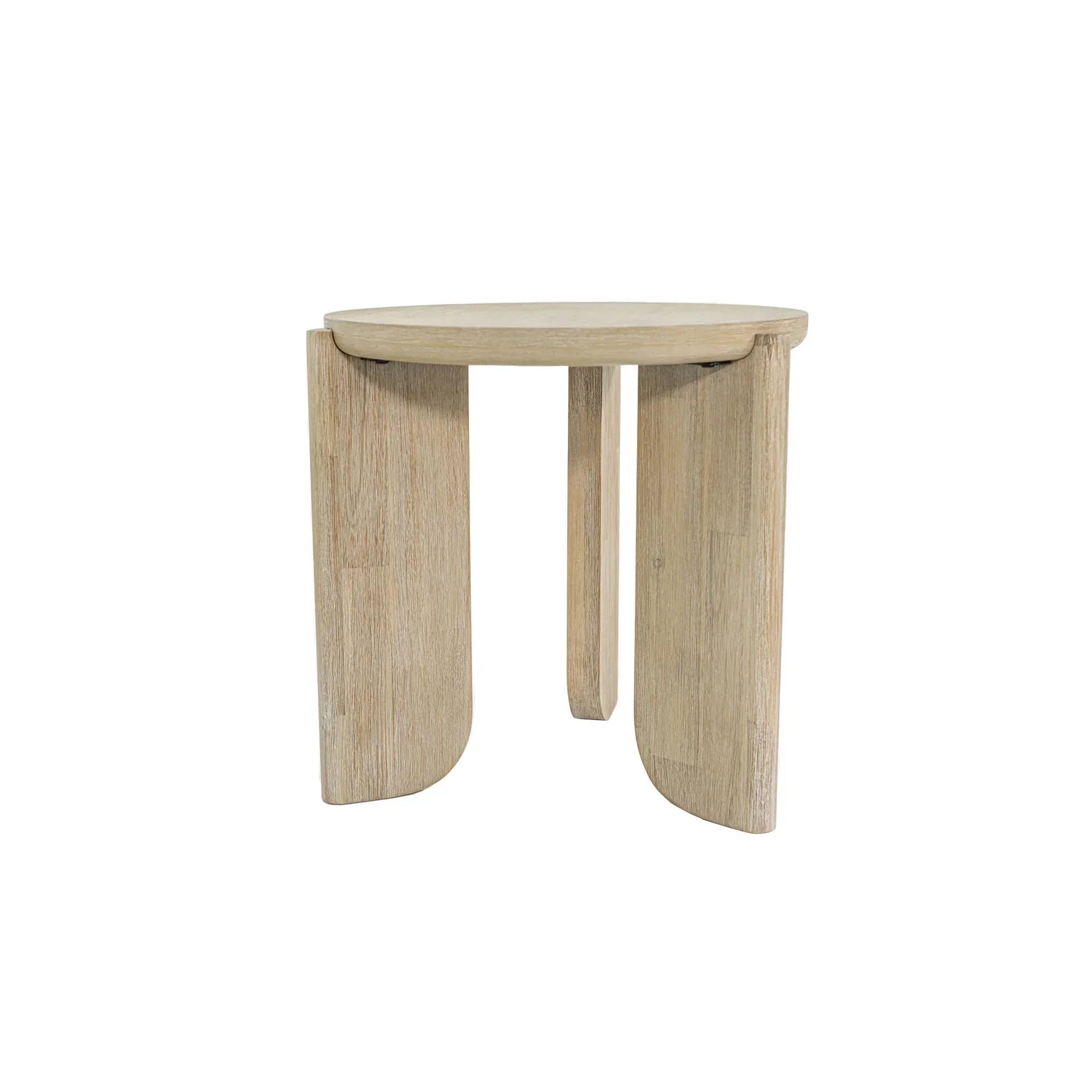 Three-quarter perspective view of the Haru side table featuring a circular top and three unique wide arched legs in a light natural oak finish