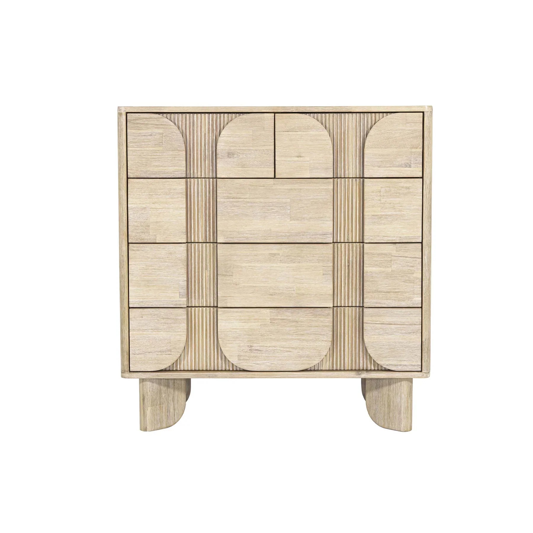Front view of the Haru 5-drawer vertical chest featuring a light white oak finish and unique fluted facade with soft rounded paneling