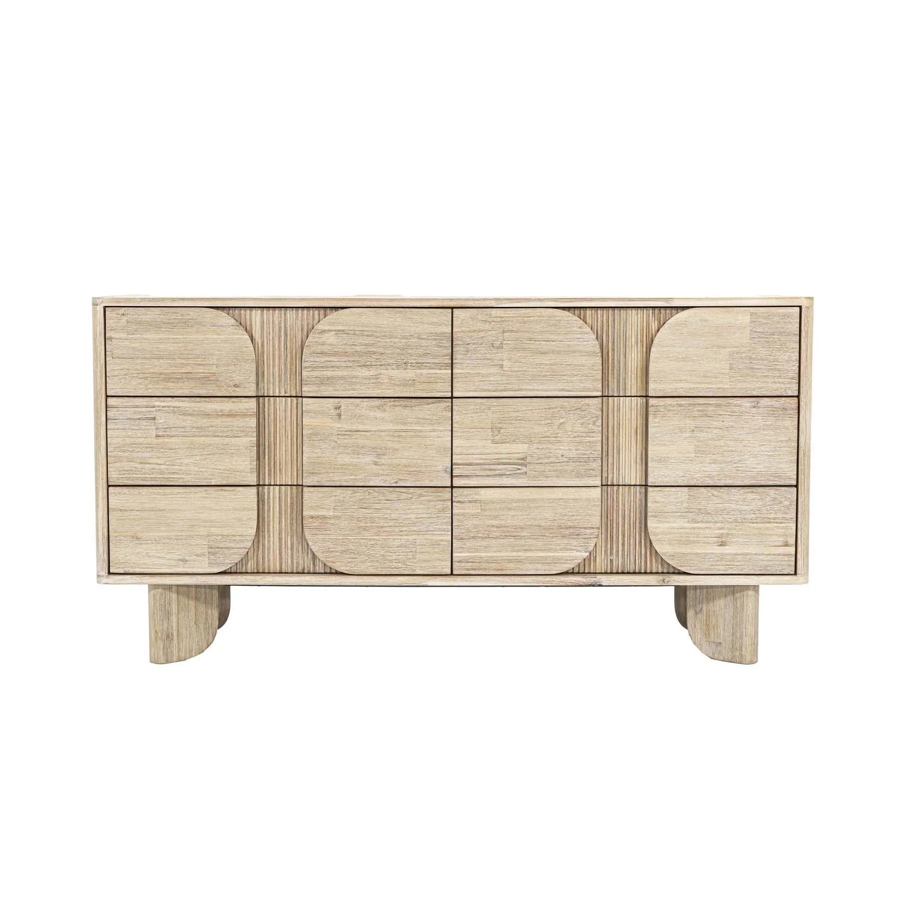 Front view of the Haru double dresser featuring a light white oak finish and a unique fluted facade with soft rounded paneling