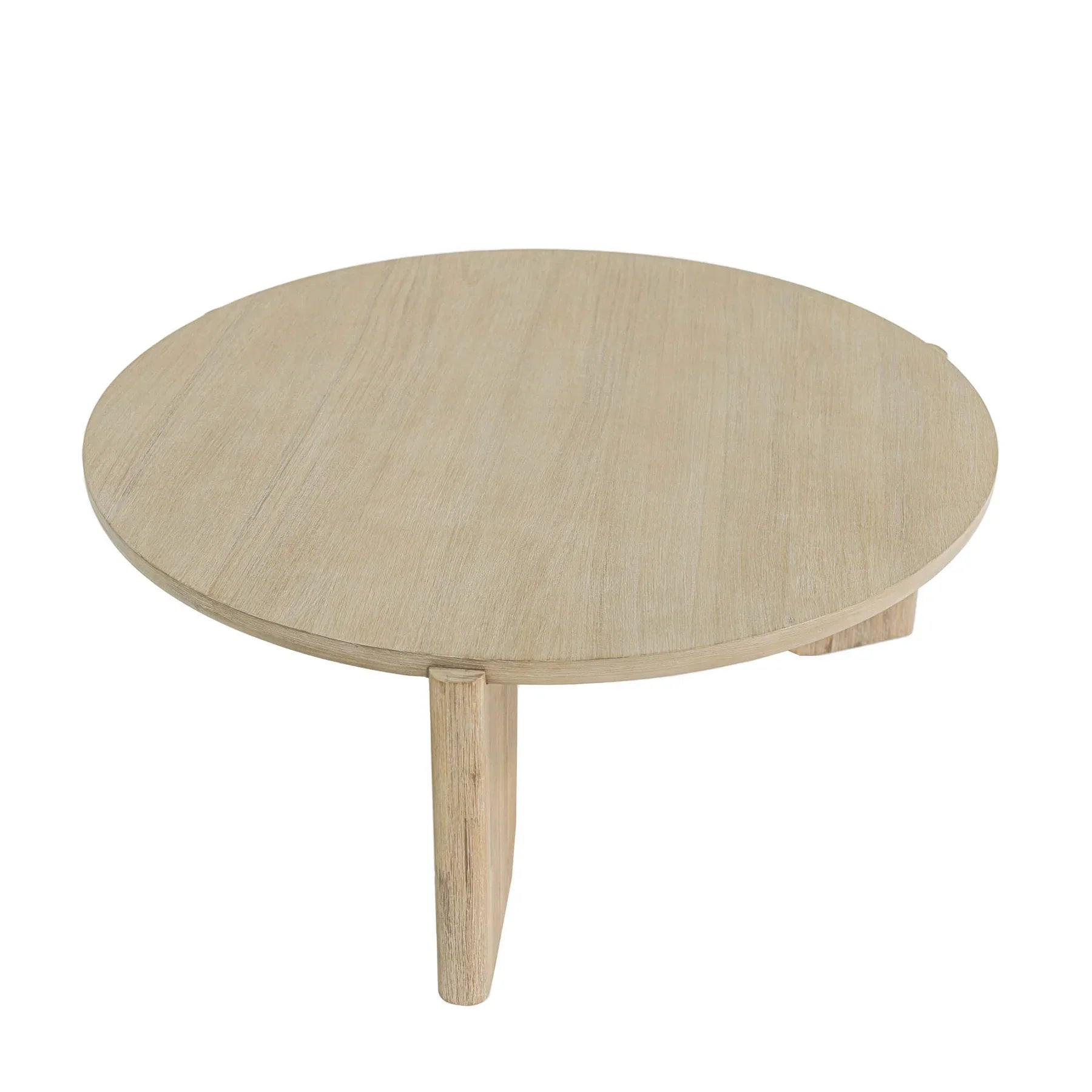 Front view of the Haru coffee table featuring a circular top and a unique architectural three-leg base in a light natural wood finish