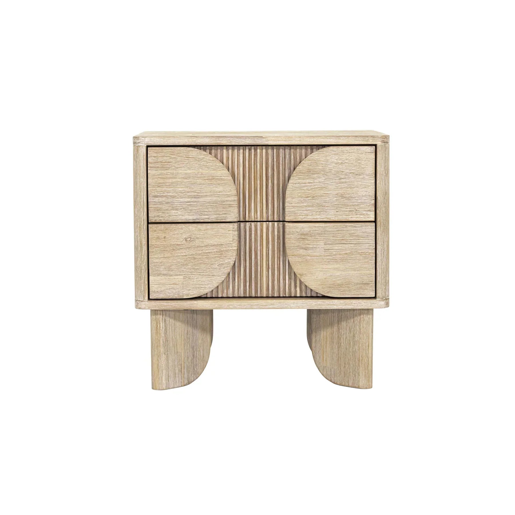Front view of the Haru 2-drawer nightstand featuring a light driftwood finish and unique architectural slatted wood detailing