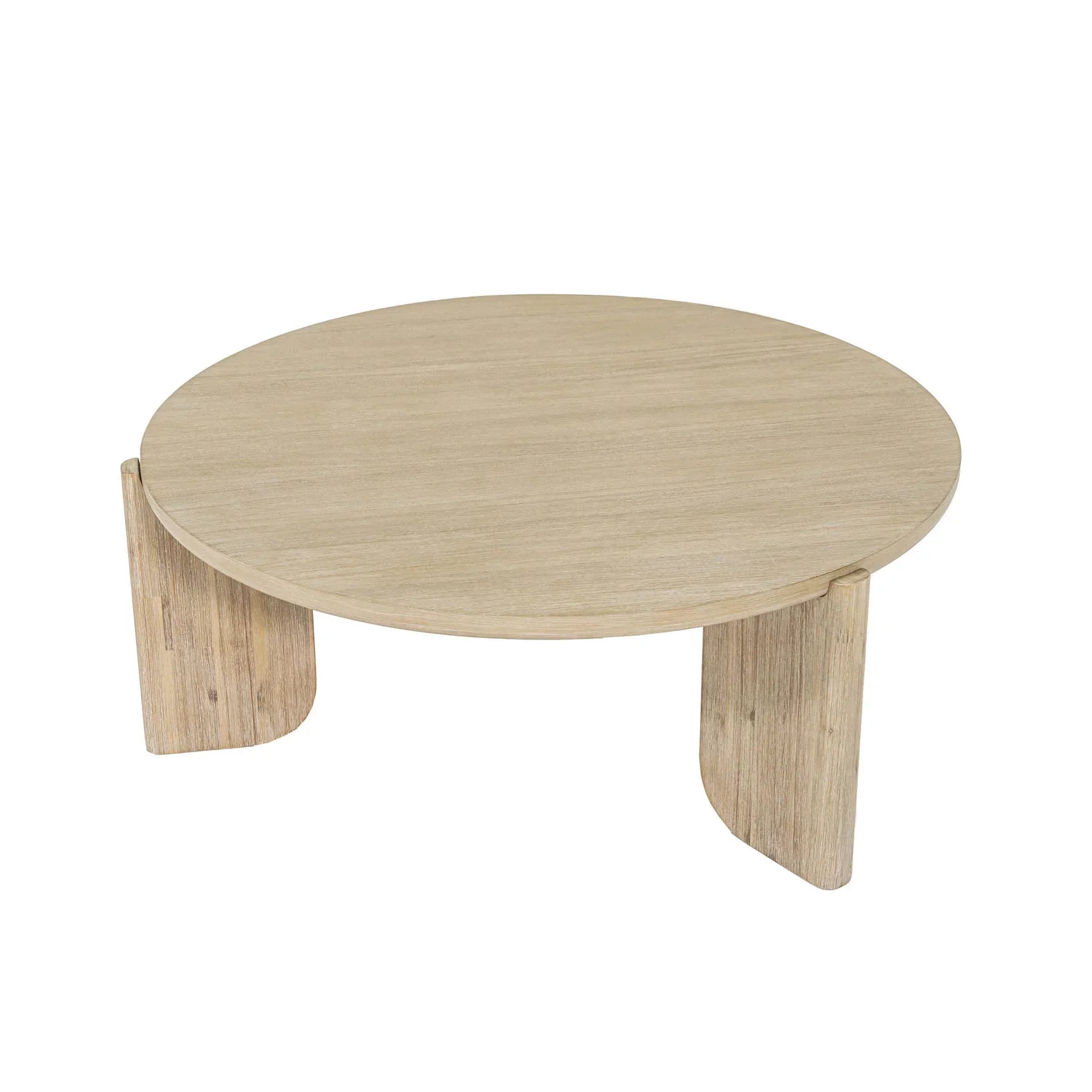Front view of the Haru coffee table featuring a circular top and a unique architectural three-leg base in a light natural wood finish