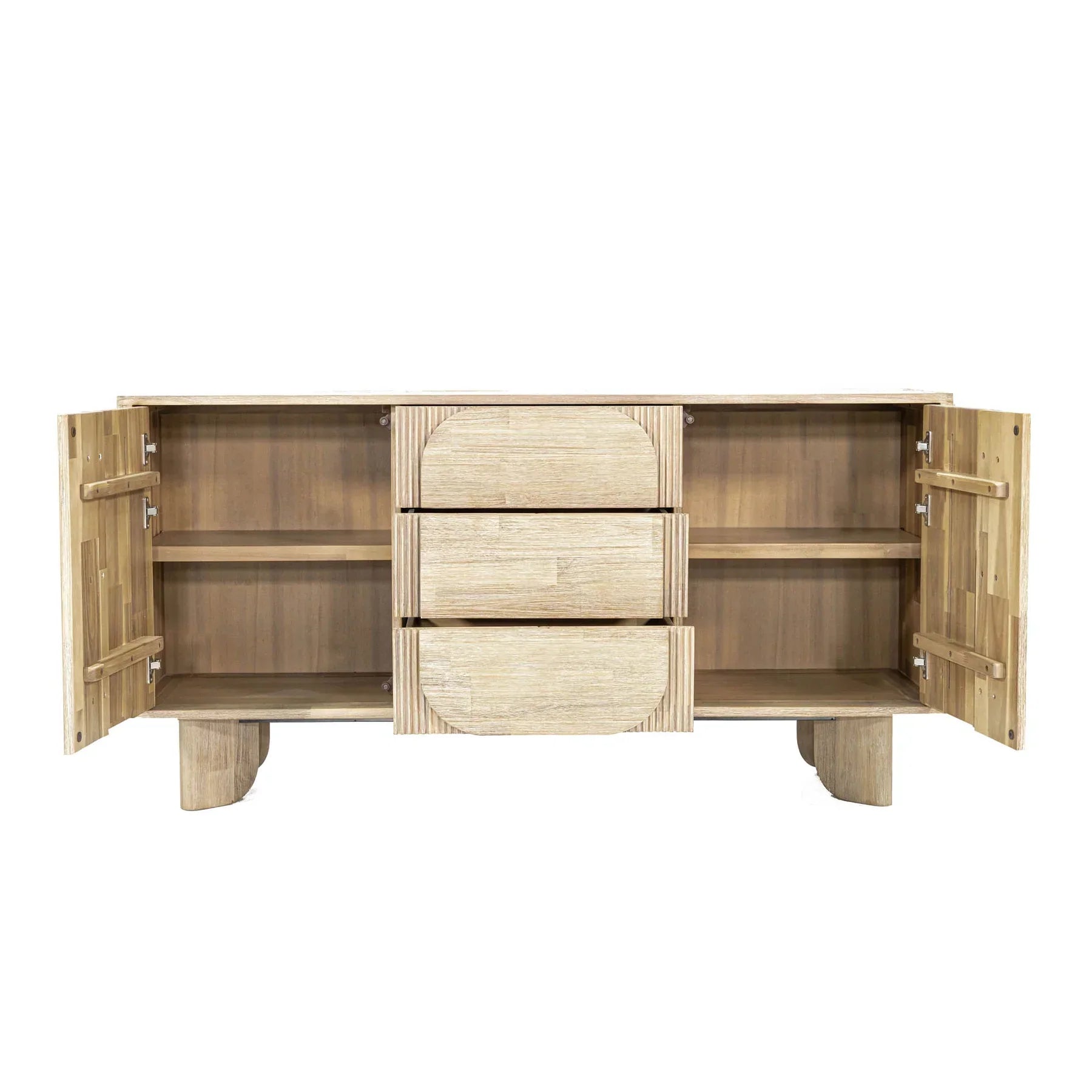 Front perspective view of the Haru sideboard in a light oak finish featuring unique rounded door and drawer panels with a minimalist plinth base