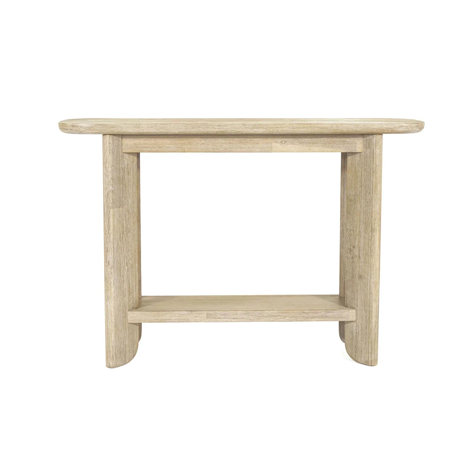 Straight-on front view of the Haru console table featuring a minimalist architectural design in whitewash solid wood