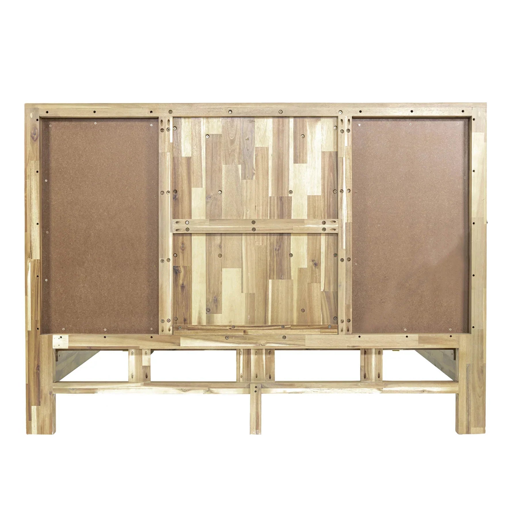 Front view of the Haru platform bed featuring a light driftwood frame and twin white bouclé upholstered headboard inserts