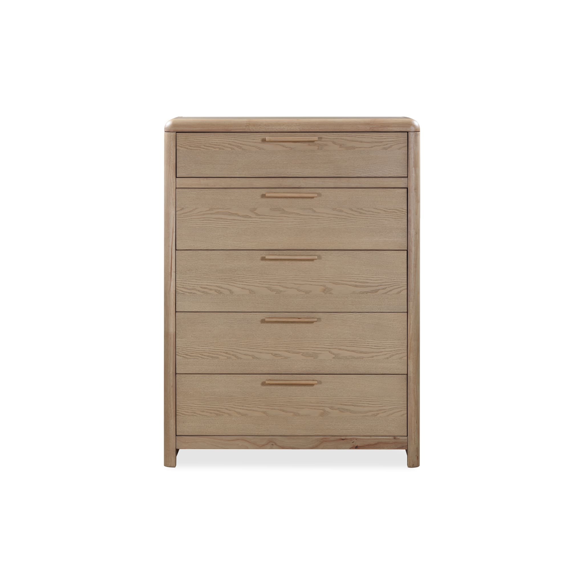 Front view of the Havn 5-drawer tall chest in a ginger ash wood finish featuring soft rounded corners and slim integrated horizontal handles