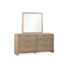 Front view of the Havn 6-drawer double dresser in a ginger ash wood finish featuring soft rounded corners and slim horizontal handles with a matching mirror
