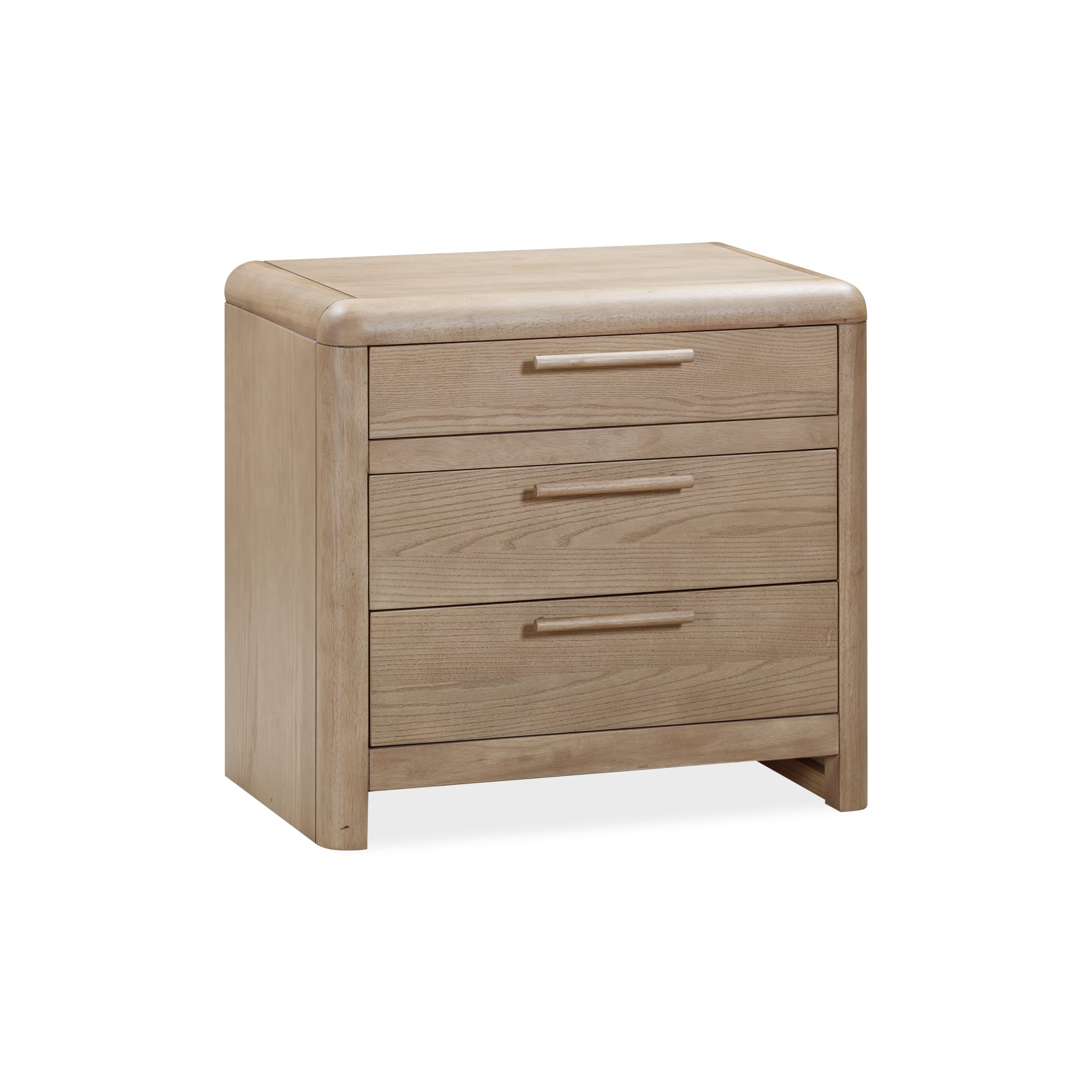 Front view of the Havn three-drawer nightstand in a warm ginger ash wood finish featuring soft rounded corners and minimalist wood handles