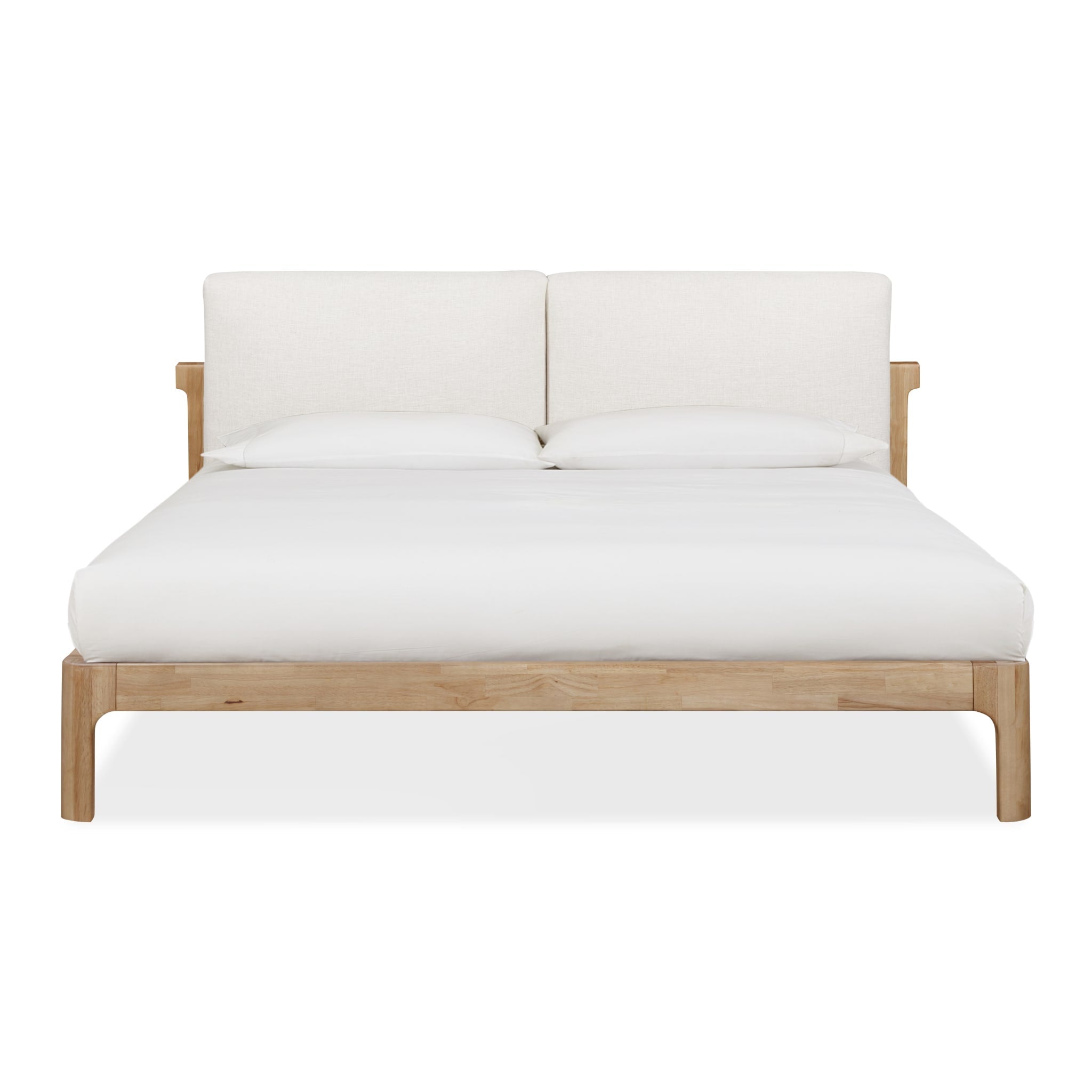 Front view of the Havn platform bed featuring a ginger-finished ash wood frame and a two-cushion natural linen headboard