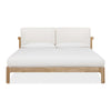 Front view of the Havn platform bed featuring a ginger-finished ash wood frame and a two-cushion natural linen headboard