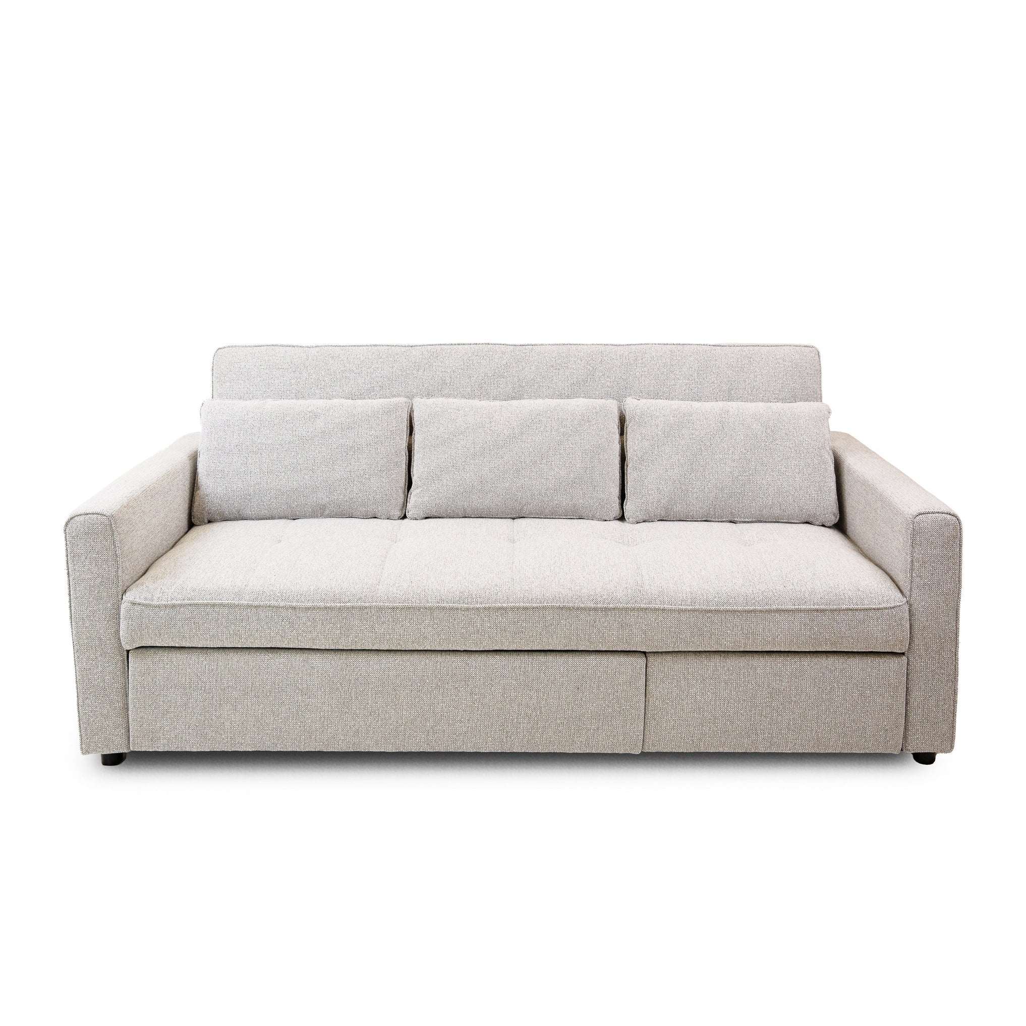 Front view of the Hedal Sofa Sectional Sleeper in cream textured fabric with matching throw pillows