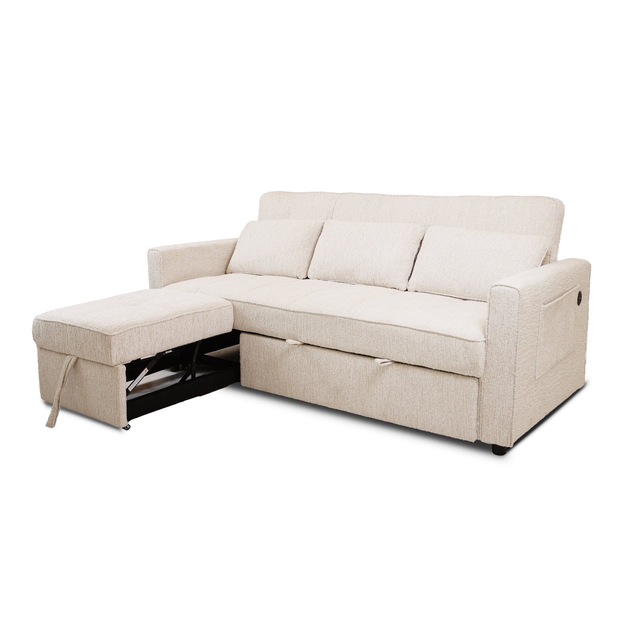 Front view of the Hedal Sofa Sectional Sleeper in cream textured fabric with matching throw pillows