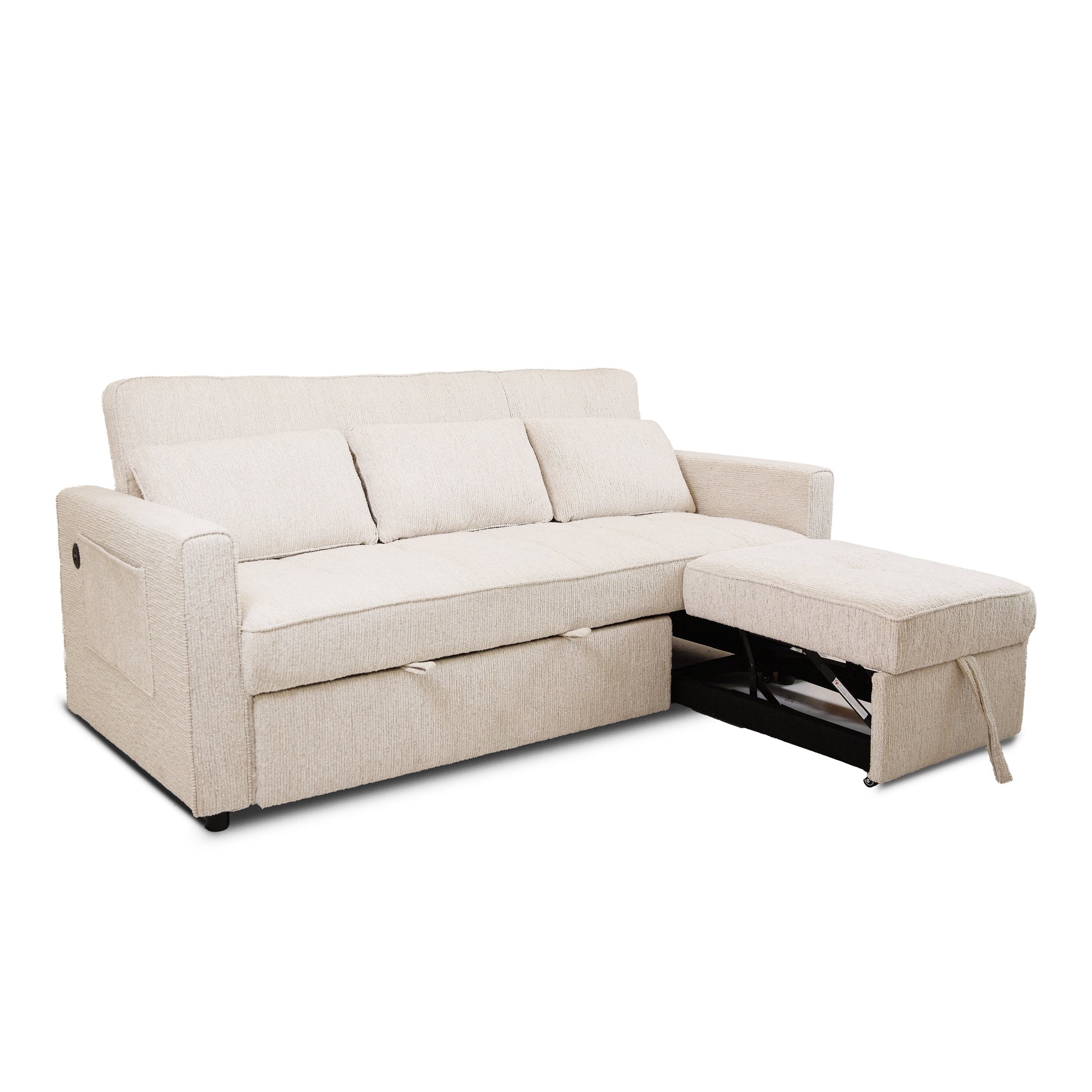 Front view of the Hedal Sofa Sectional Sleeper in cream textured fabric with matching throw pillows