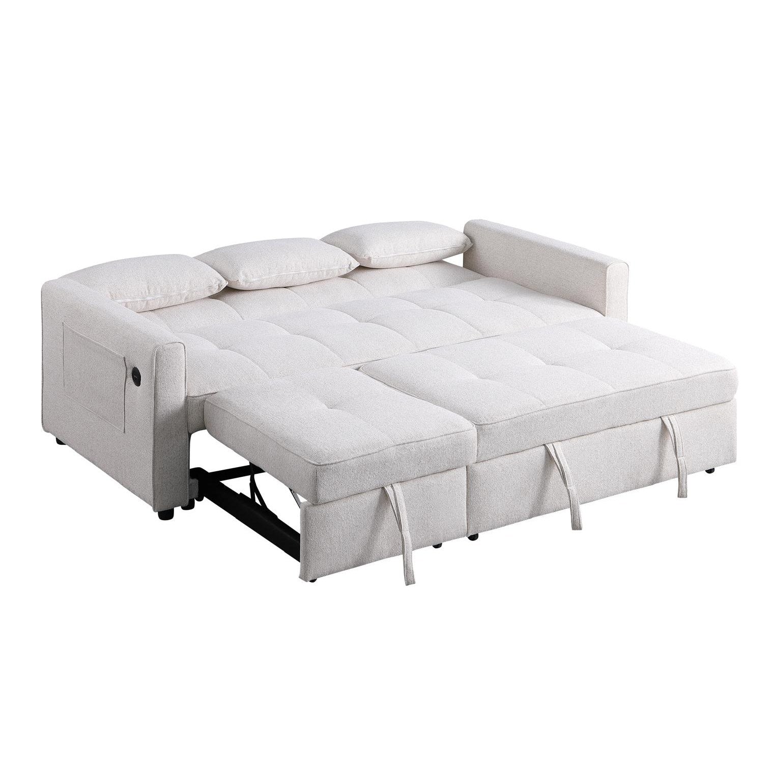Front view of the Hedal Sofa Sectional Sleeper in cream textured fabric with matching throw pillows