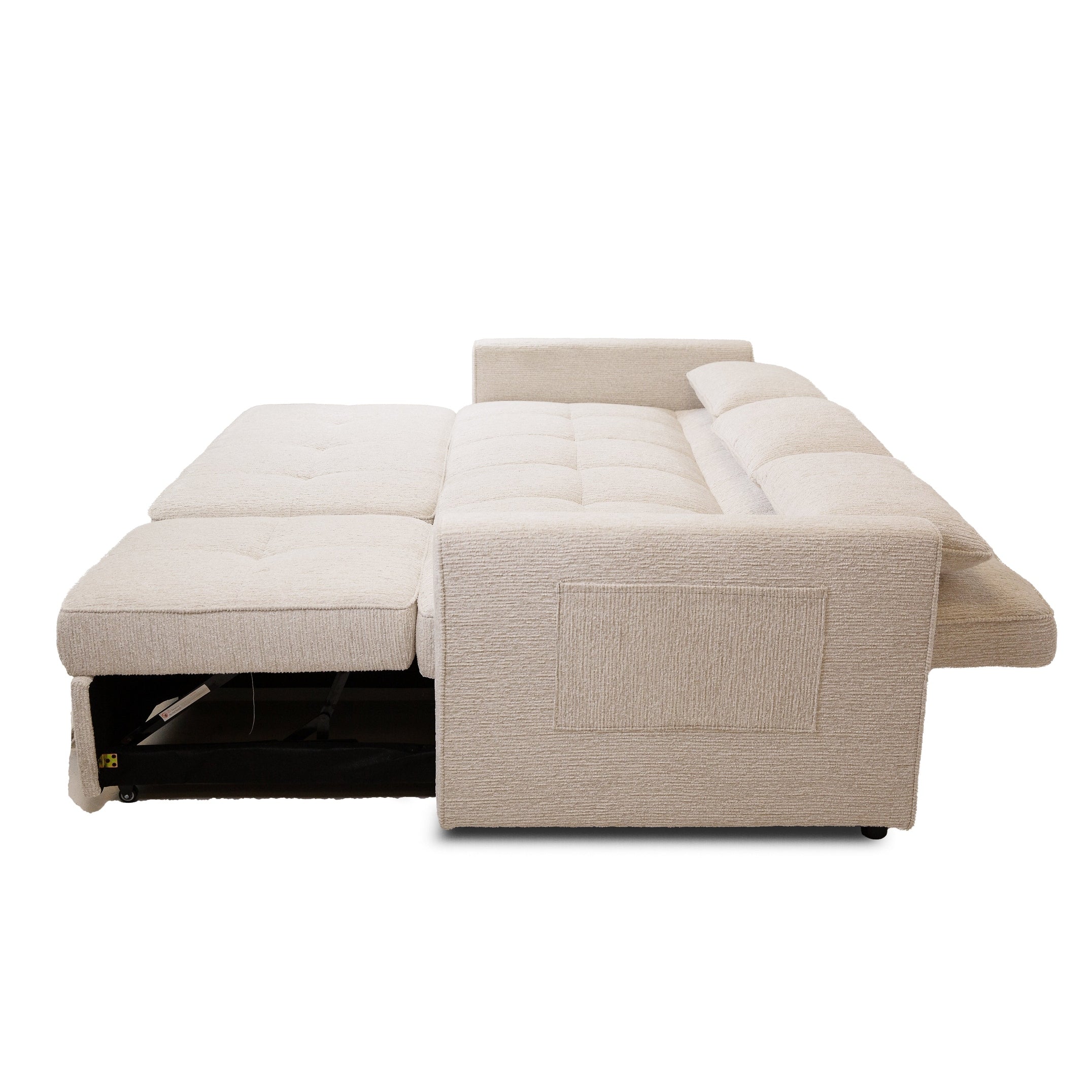 Front view of the Hedal Sofa Sectional Sleeper in cream textured fabric with matching throw pillows