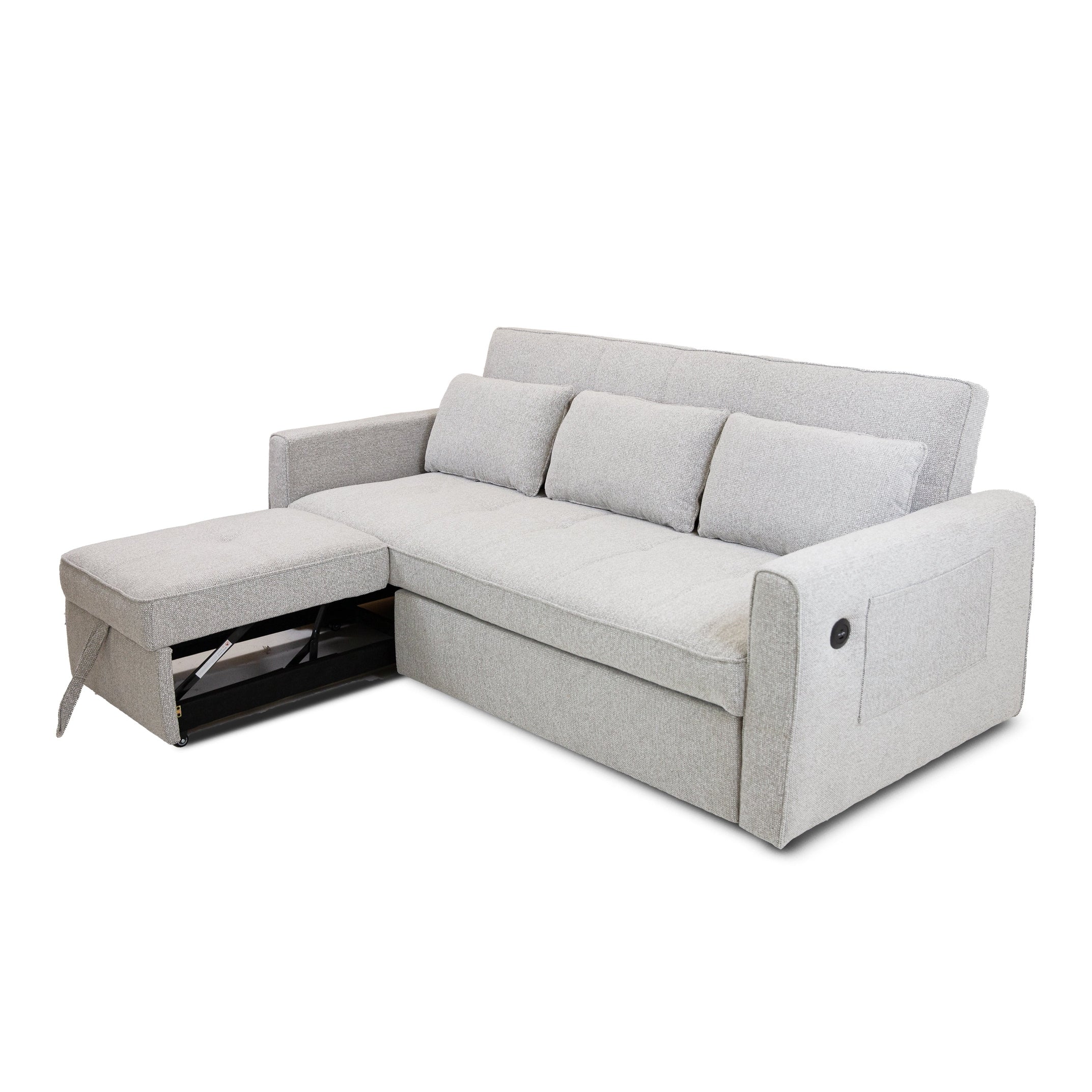 Front view of the Hedal Sofa Sectional Sleeper in cream textured fabric with matching throw pillows