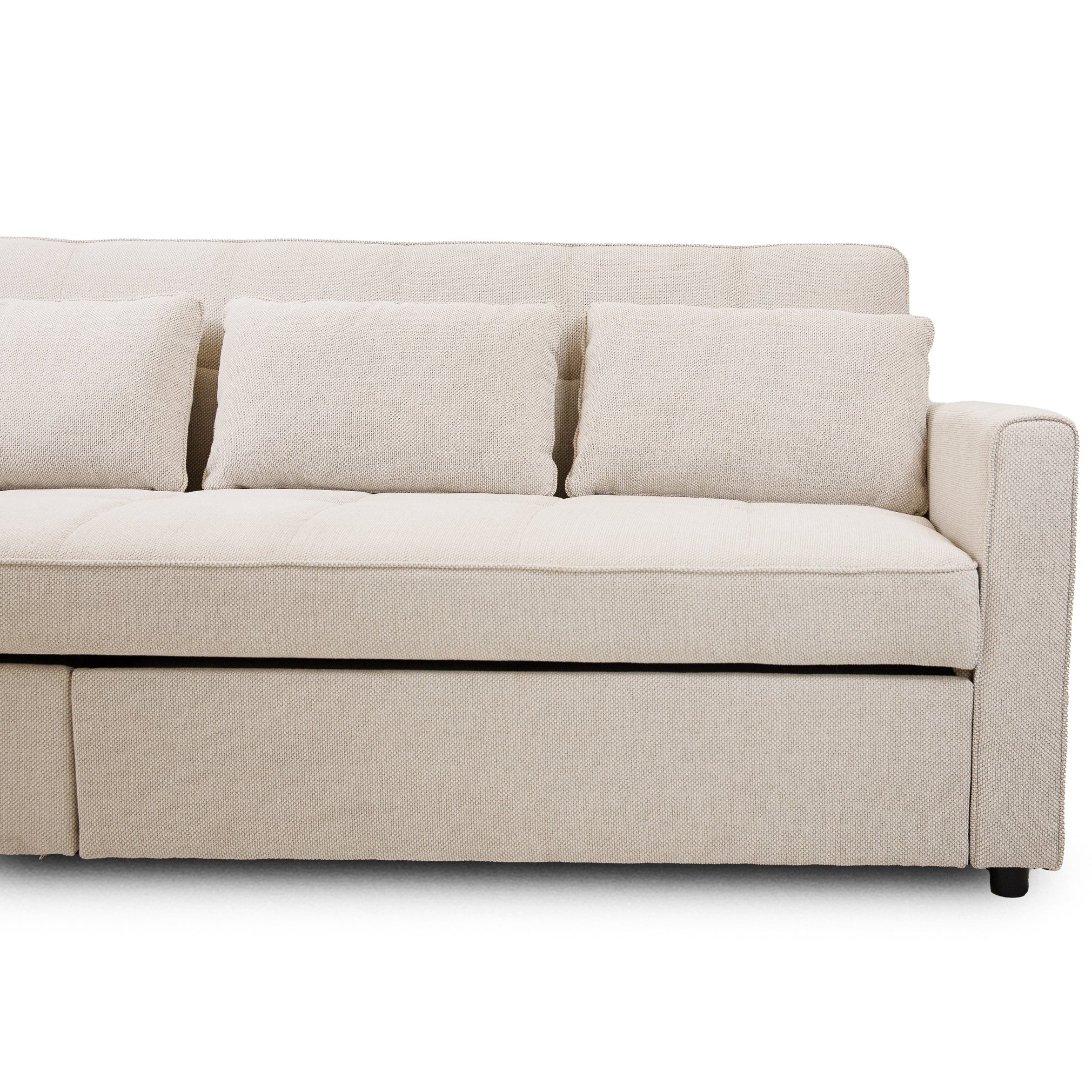 Front view of the Hedal Sofa Sectional Sleeper in cream textured fabric with matching throw pillows