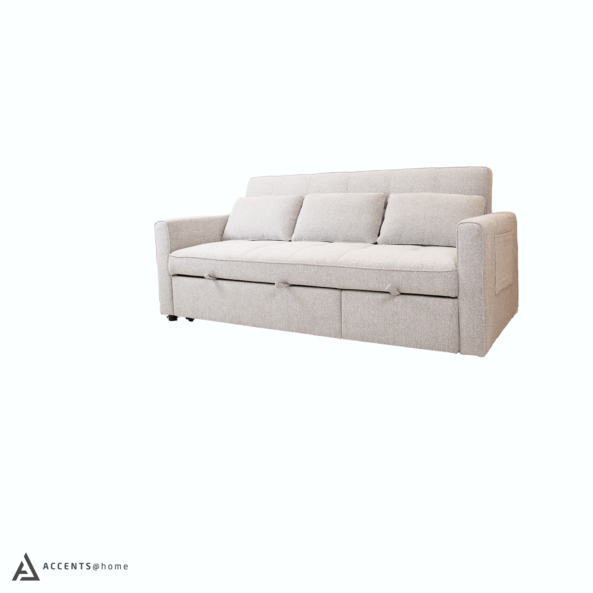 Front view of the Hedal Sofa Sectional Sleeper in cream textured fabric with matching throw pillows
