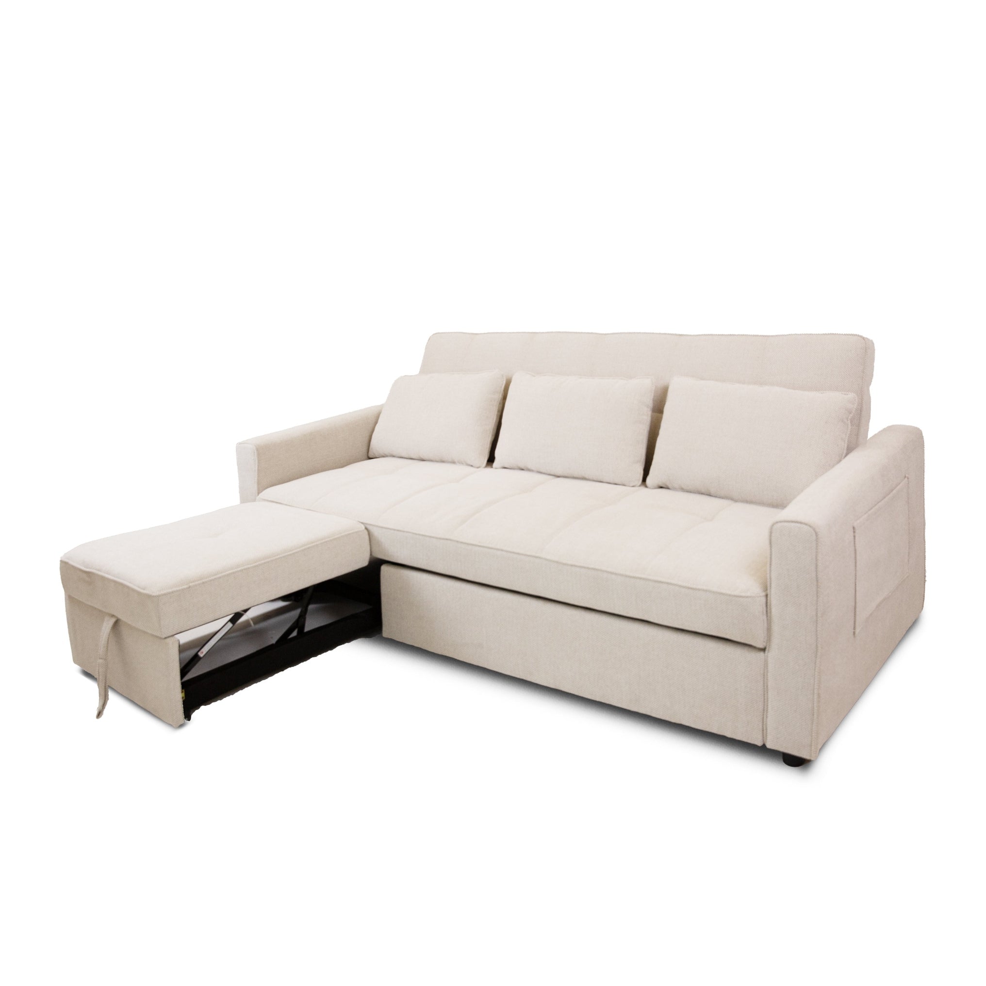 Front view of the Hedal Sofa Sectional Sleeper in cream textured fabric with matching throw pillows