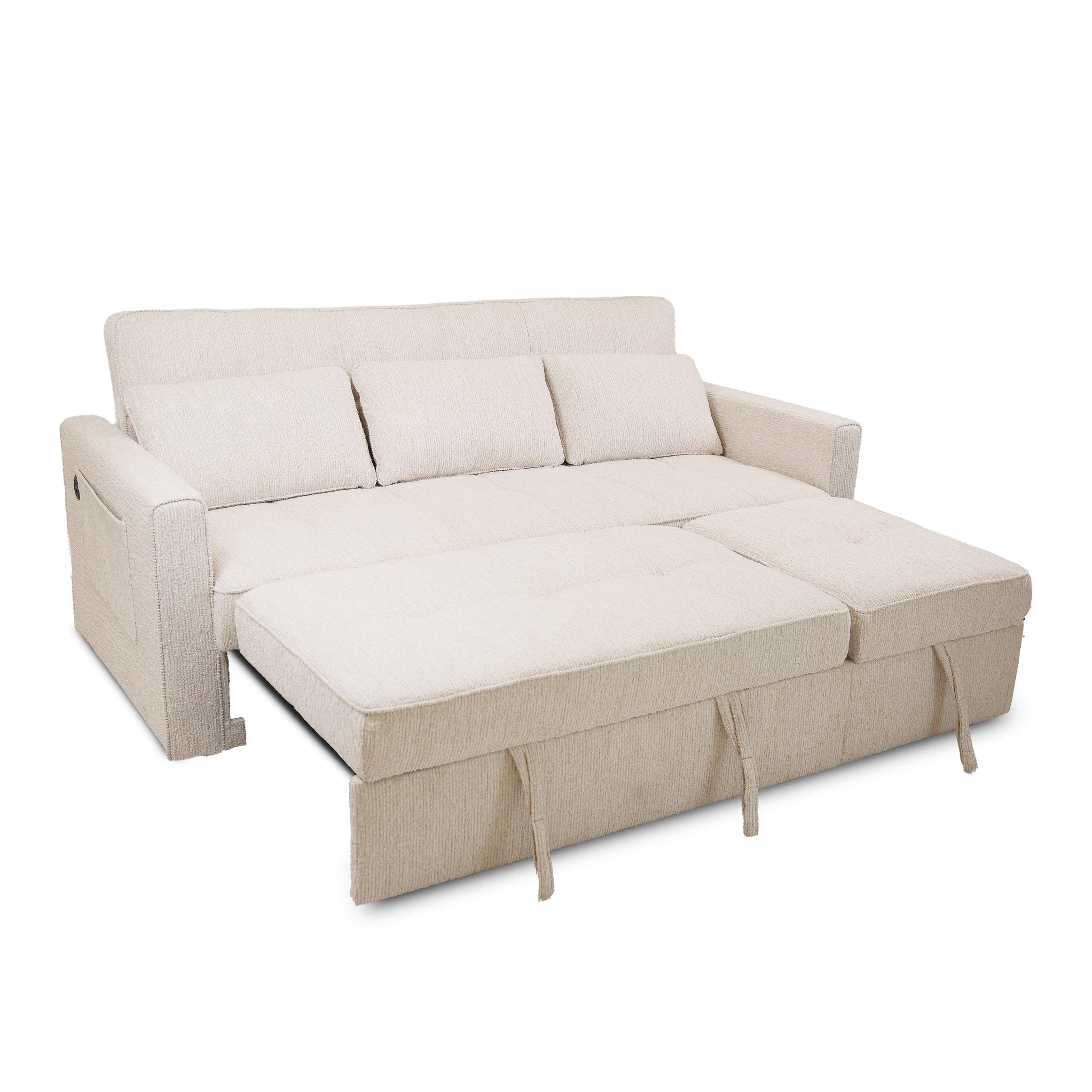 Front view of the Hedal Sofa Sectional Sleeper in cream textured fabric with matching throw pillows