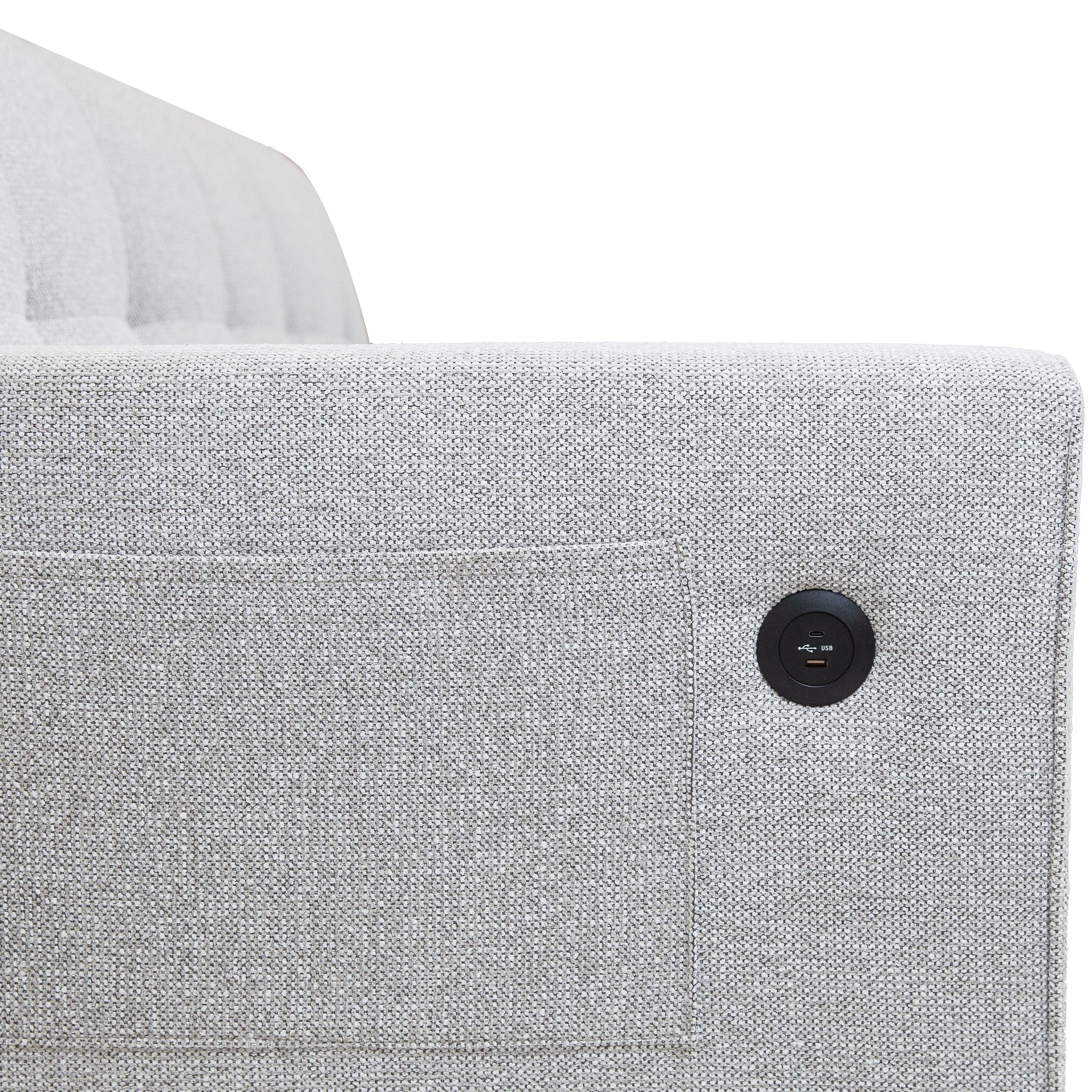 Front view of the Hedal Sofa Sectional Sleeper in cream textured fabric with matching throw pillows