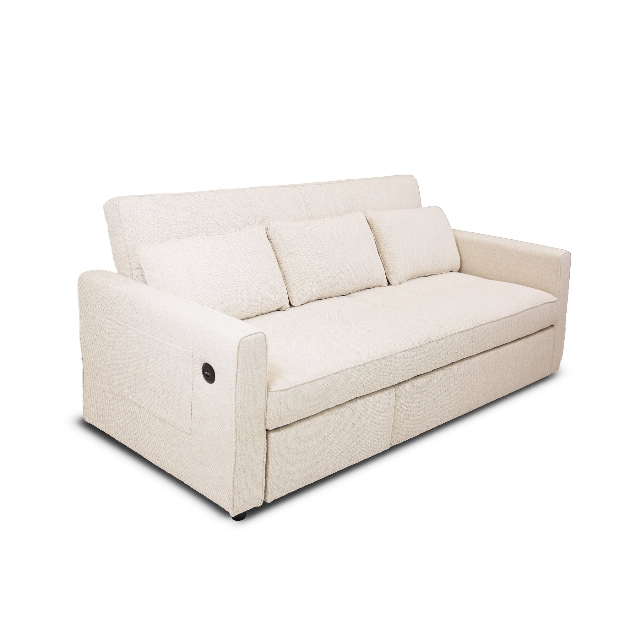Front view of the Hedal Sofa Sectional Sleeper in cream textured fabric with matching throw pillows