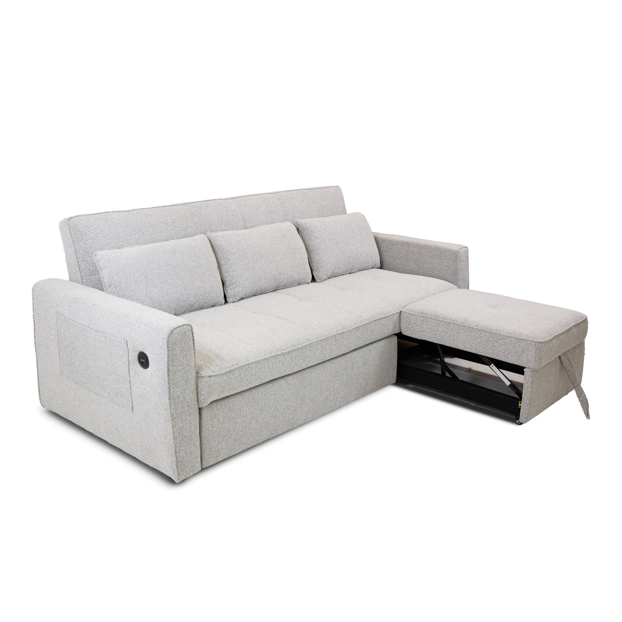 Front view of the Hedal Sofa Sectional Sleeper in cream textured fabric with matching throw pillows