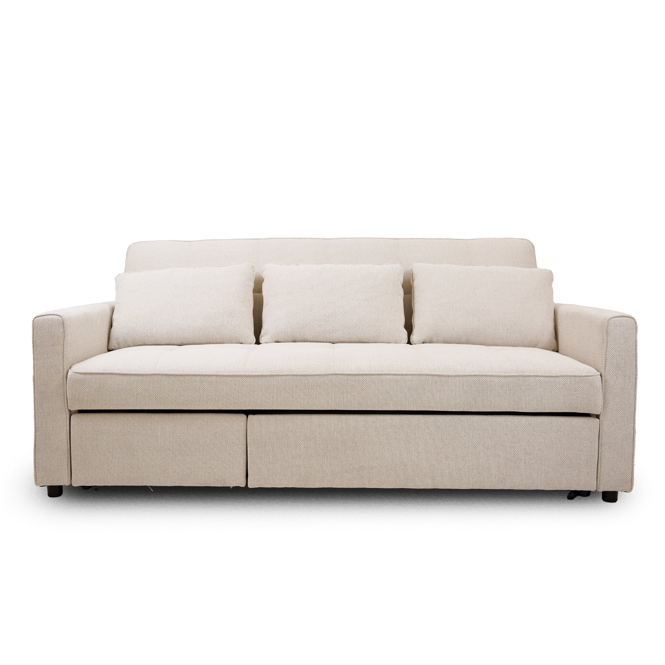 Front view of the Hedal Sofa Sectional Sleeper in cream textured fabric with matching throw pillows