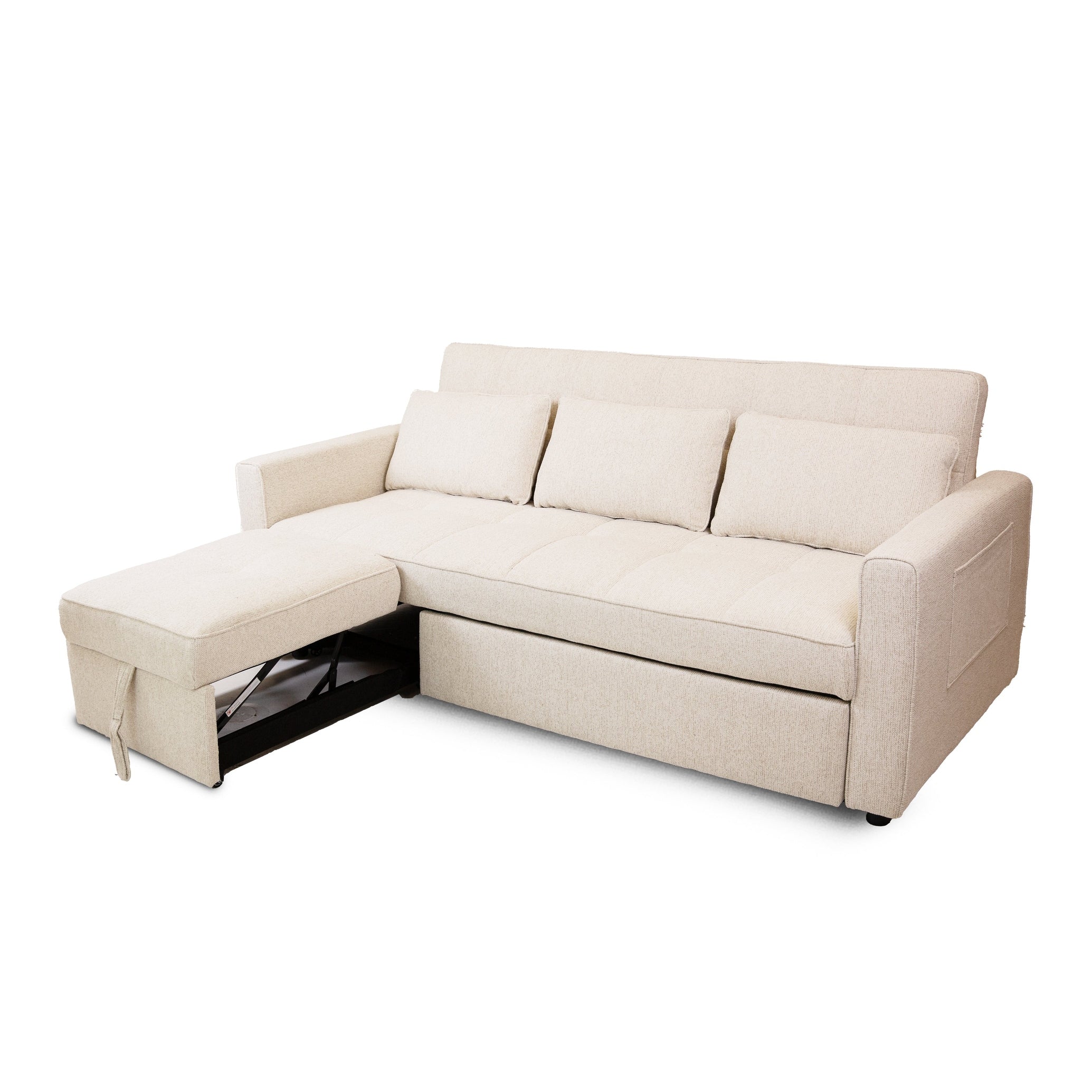 Front view of the Hedal Sofa Sectional Sleeper in cream textured fabric with matching throw pillows
