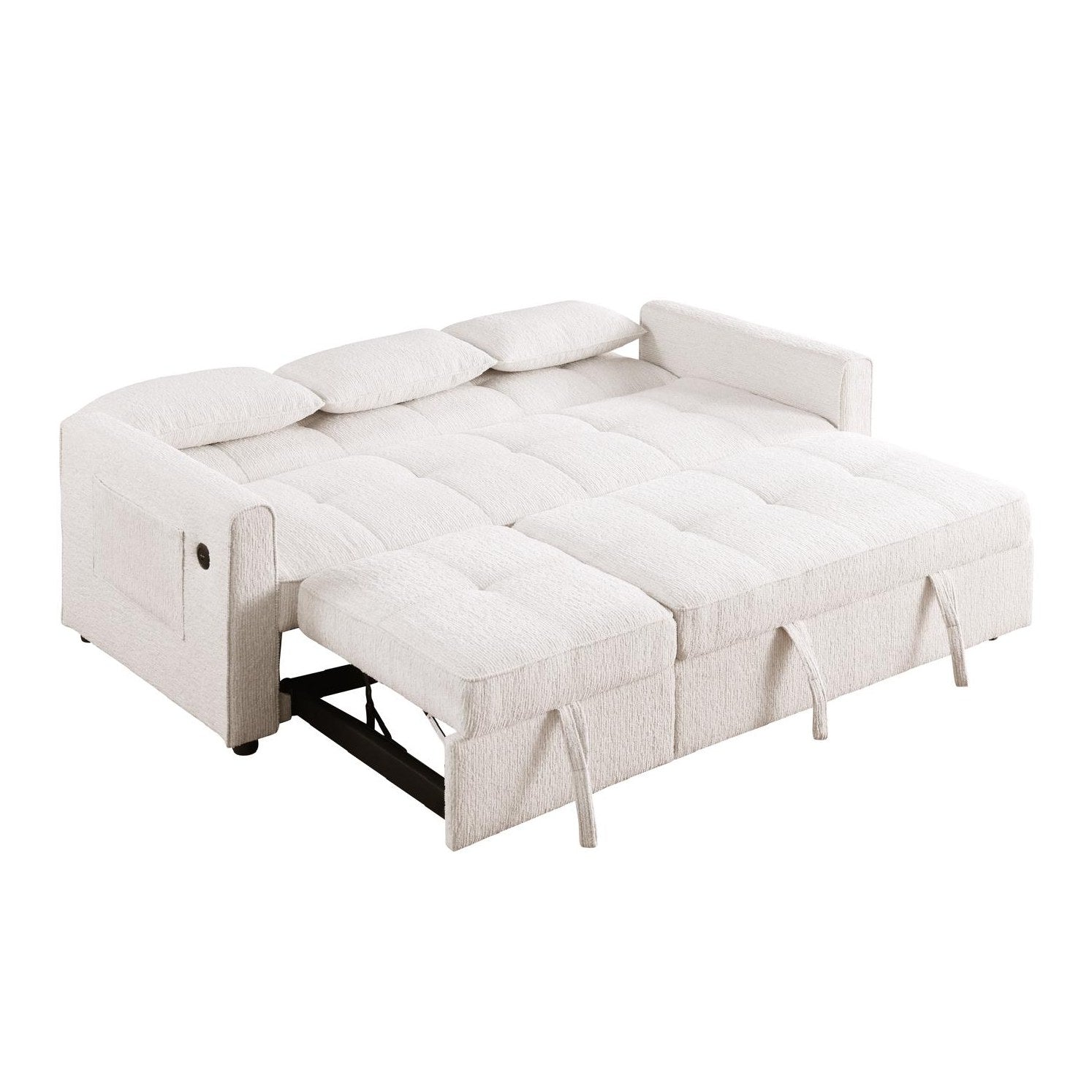 Front view of the Hedal Sofa Sectional Sleeper in cream textured fabric with matching throw pillows