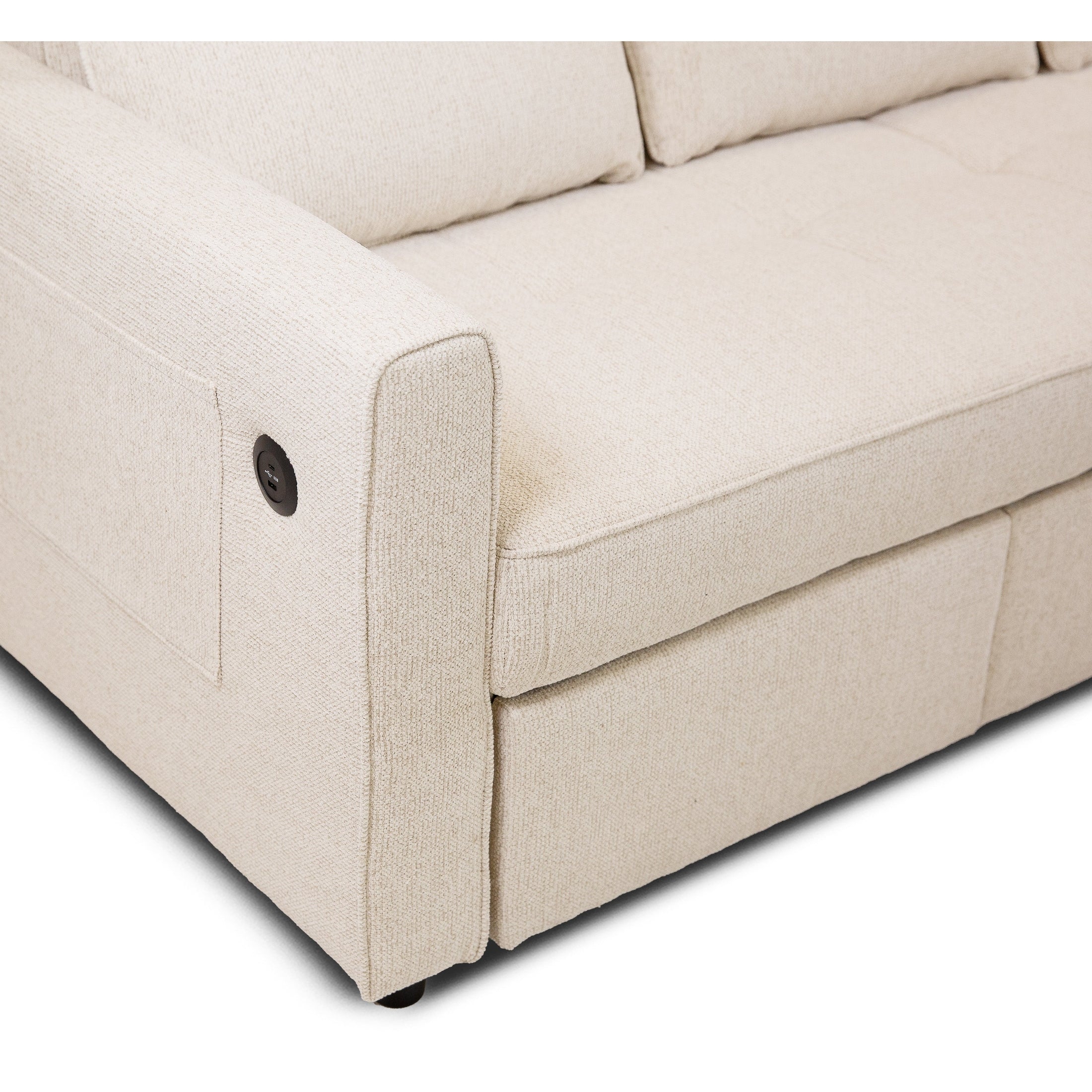Front view of the Hedal Sofa Sectional Sleeper in cream textured fabric with matching throw pillows
