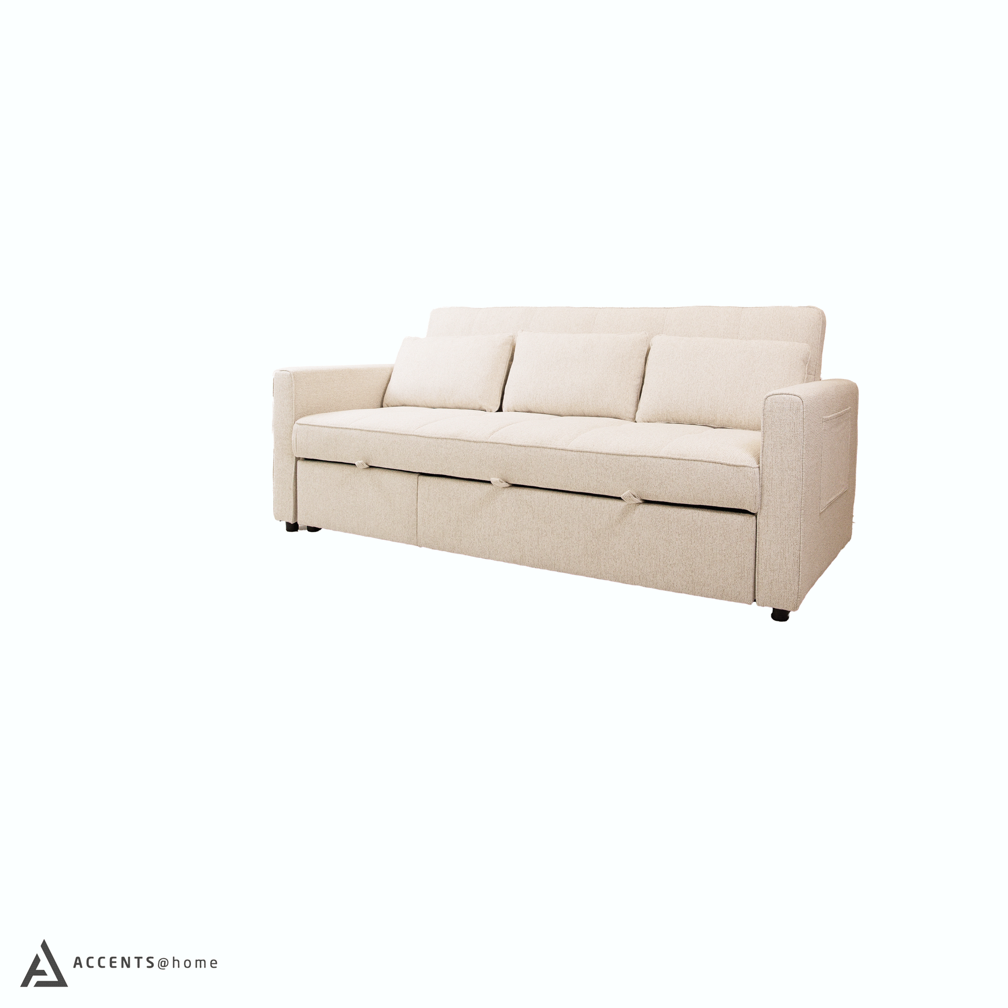 Front view of the Hedal Sofa Sectional Sleeper in cream textured fabric with matching throw pillows