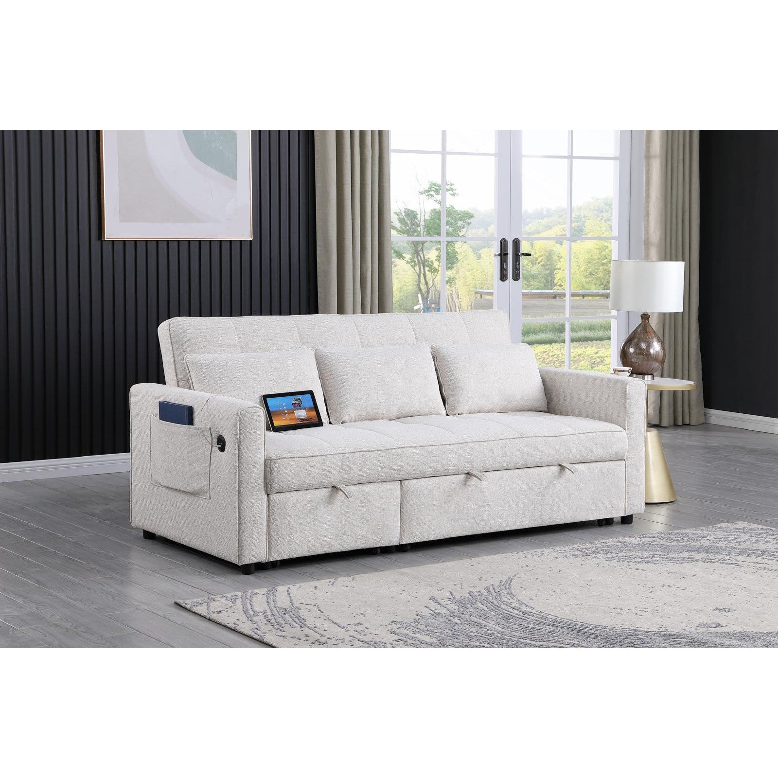 Front view of the Hedal Sofa Sectional Sleeper in cream textured fabric with matching throw pillows