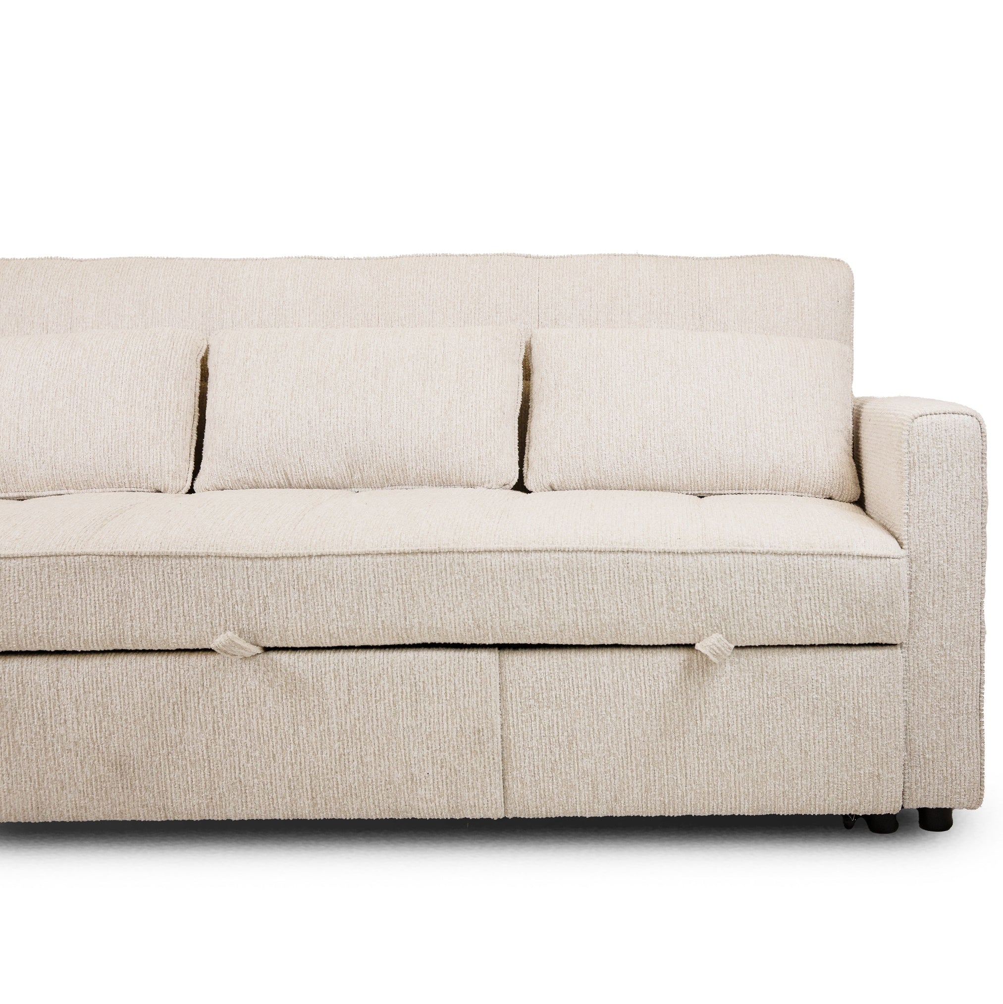 Front view of the Hedal Sofa Sectional Sleeper in cream textured fabric with matching throw pillows
